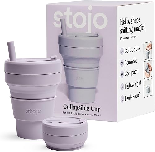 Miniatura 1 de STOJO Vaso de viaje plegable con pajita, color lila, 16 onzas  15.9 fl oz, reutilizable, tamaño bolsillo, taza de silicona para bebidas frías y