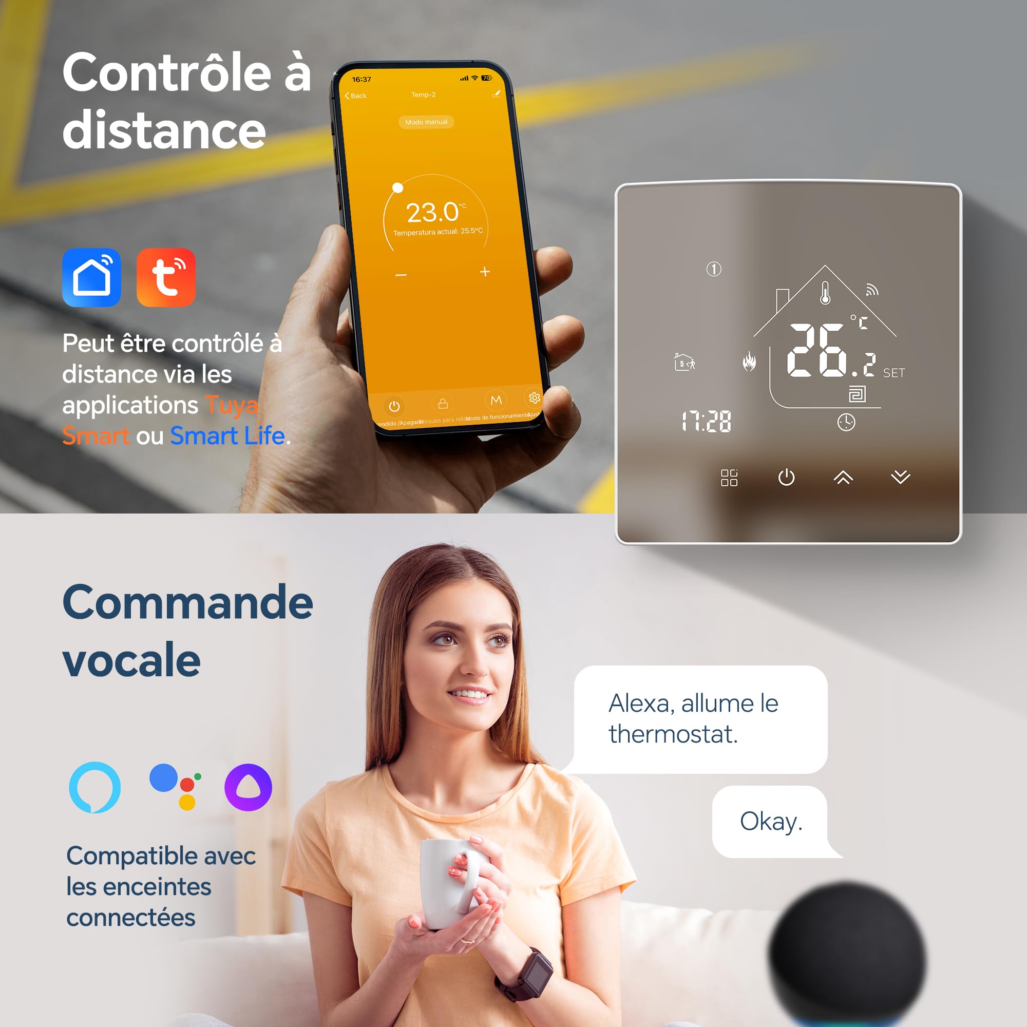 Thermostat WiFi Intelligent Tuya,Écran Miroir Thermostat Chaudière à Gaz,Thermostats Connecté,Régulateur de Température Ambiante,programmable,Compatible avec Alexa, Google Home,3A | Thermostat connecté programmable, Régulateur de Température Ambiante, Com
