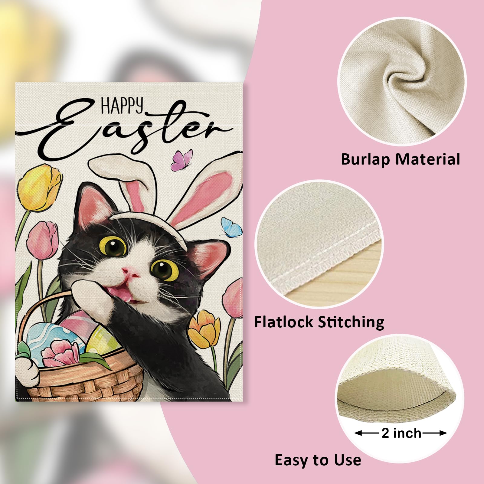 Covido Gartenflagge Happy Easter – Design Mit Schwarzem Labrador, Eiern & Blumen, Wetterfest, Doppelseitig, 31x46 Cm, Jute-Optik