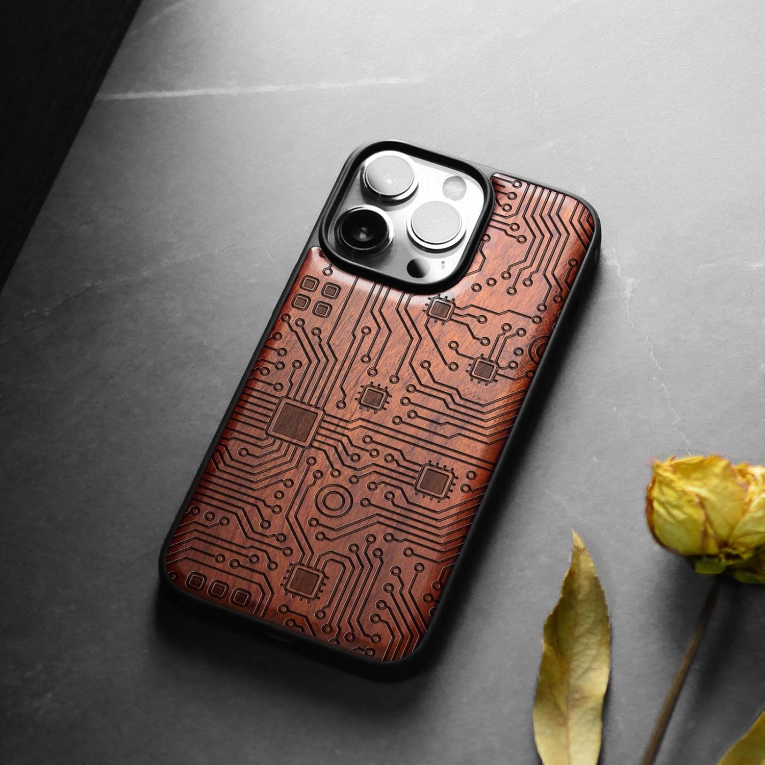 Carveit Magnetic Wooden Case for iPhone 15 Pro Max Case, Compatible with MagSafe Wireless Chargers, Black Soft TPU Shockproof Cover & Wood Artisan Engraved (Motherboard) - Rosy
