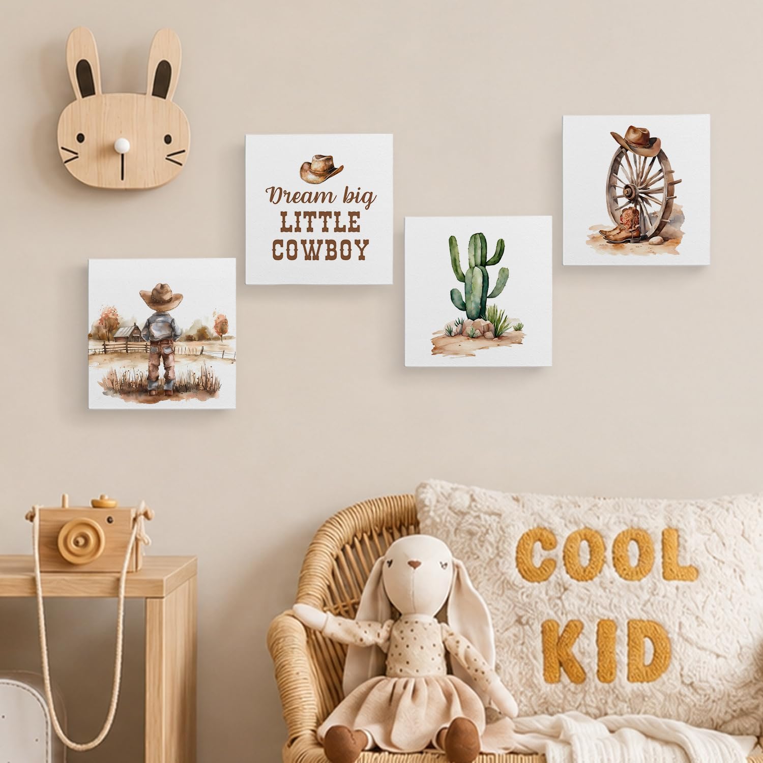 BESERH Western Cowboy Nursery Wall Art Decor, Rustic Country Cowboy Hats Boots Cactus Western Wall Hanging Signs for Boys Room Nursery Playroom Classroom, 8x8 Inch Set of 4