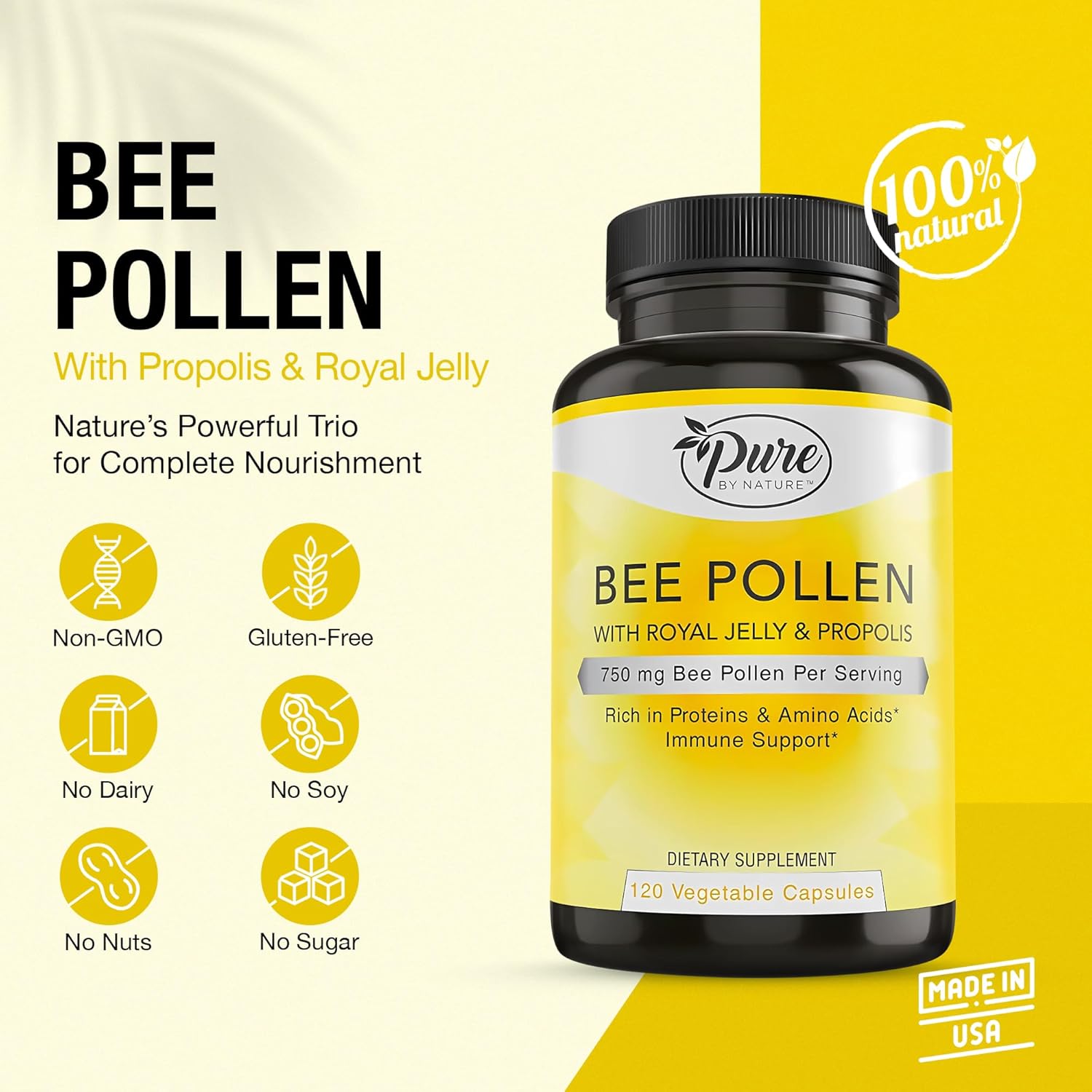 Pure By Nature Bundle Pack of Bee Pollen Capsules for Men & Women, 120 Capsules & One Daily Multivitamin for Women, 60 Capsules,Immune Support, Wellness Pack