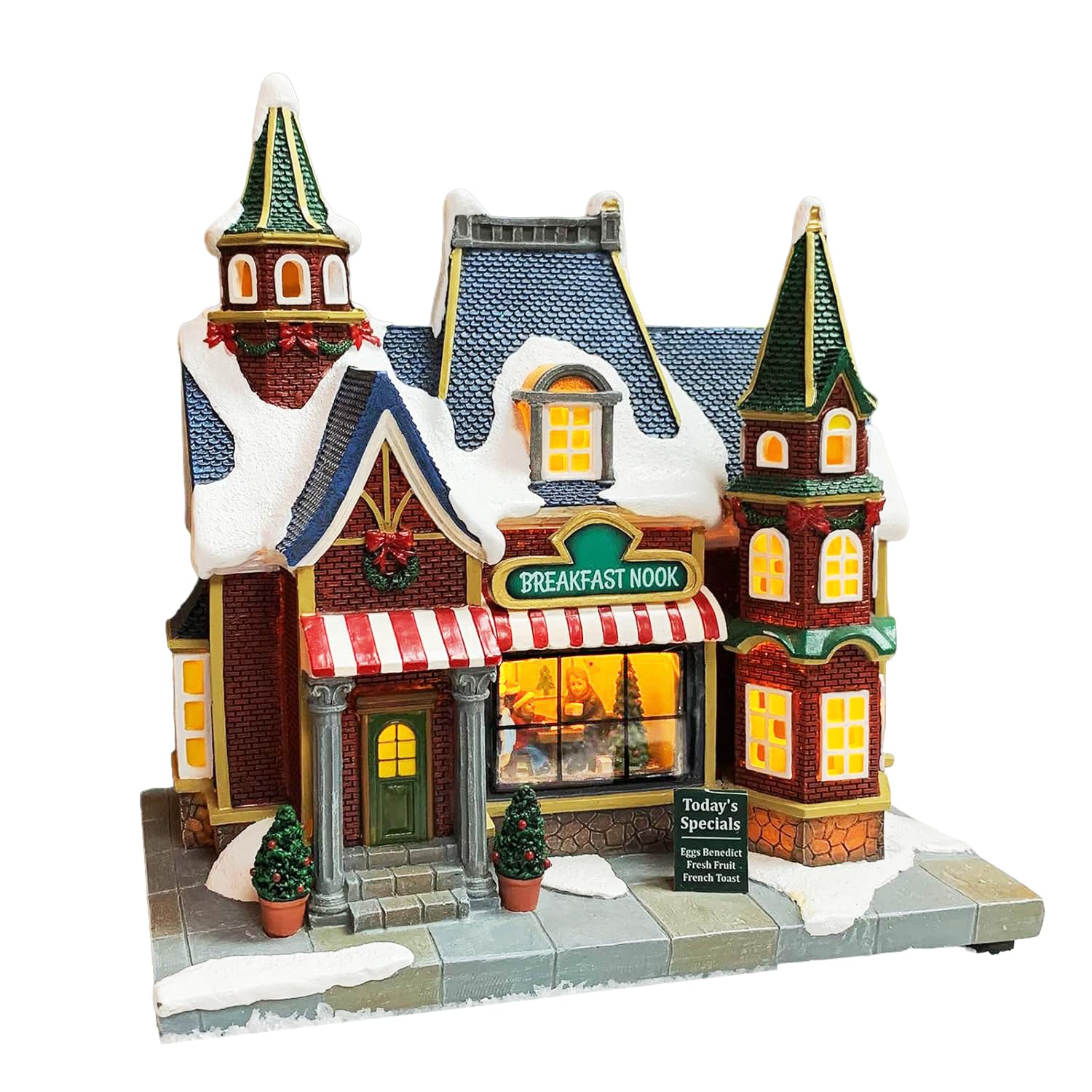 MOMENTS IN TIME Lighted Christmas Village Building Breakfast Nook LED Lights Music Battery Operated Plays 8 Holiday Songs Optional 4.5V Adapter Gift Wrapped Ready Décor