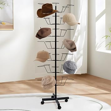 uyoyous 7 Tier Rotating Hat Rack with Wheels, Holds 35+ Caps | Lockable casters,Heavy Duty Metal, for Retail Stores, Boutique & Home Use,Keep the Hat in Shape,Large Capacity