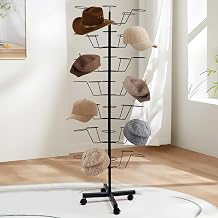 uyoyous 7-Tier Rotating Hat Rack Stand for Retail Stores, Heavy-Duty Metal Hat Display Organizer with Wheels, Holds 35+ Caps for Boutique & Home Use