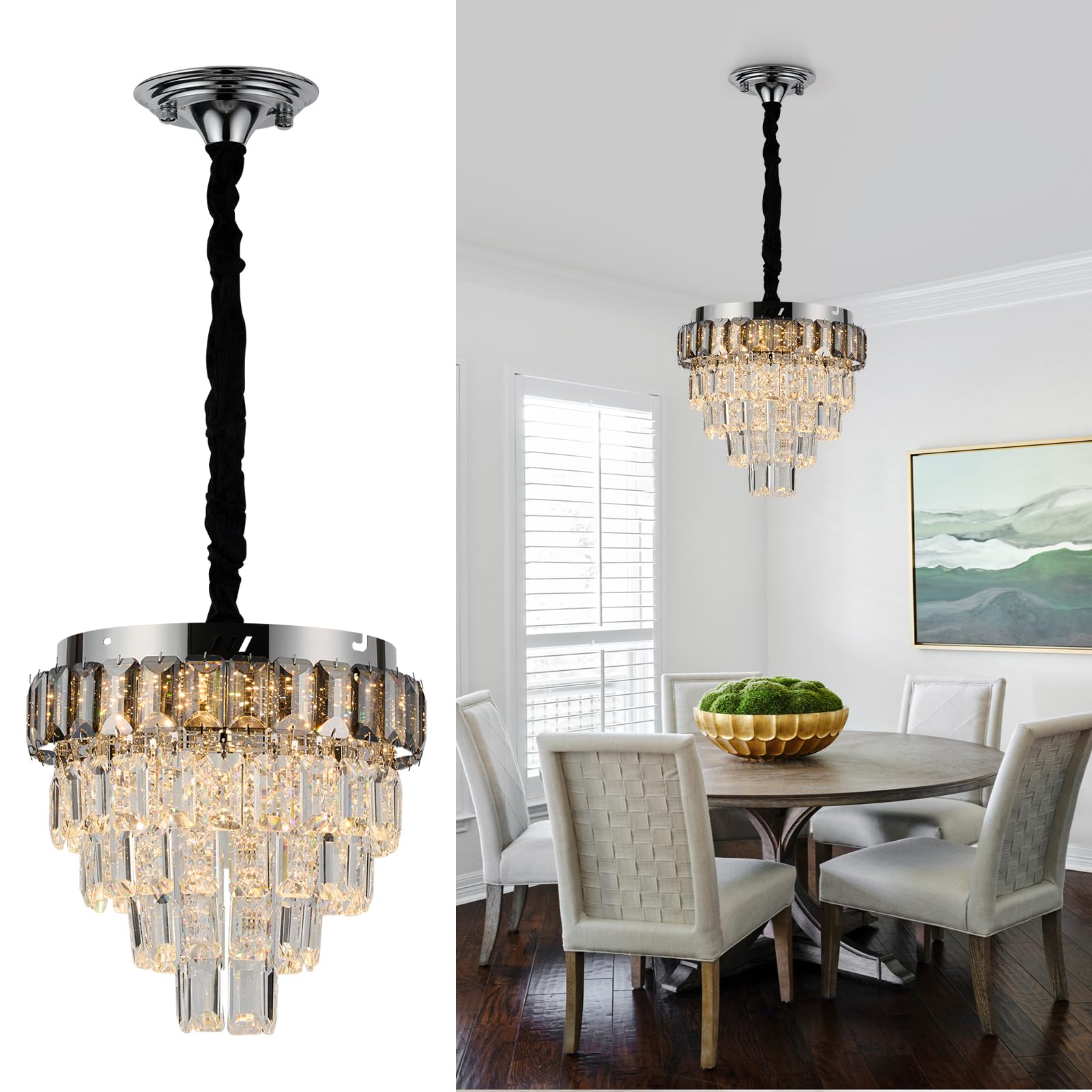 AOLALA Crystal Chandeliers for Dining Room, Modern K9 Crystal Pendant Lighting Fixture, 4 Tiers Small Ceiling Light for Kitchen Island Bedroom Entryway, Polished Chrome, D12 x H31