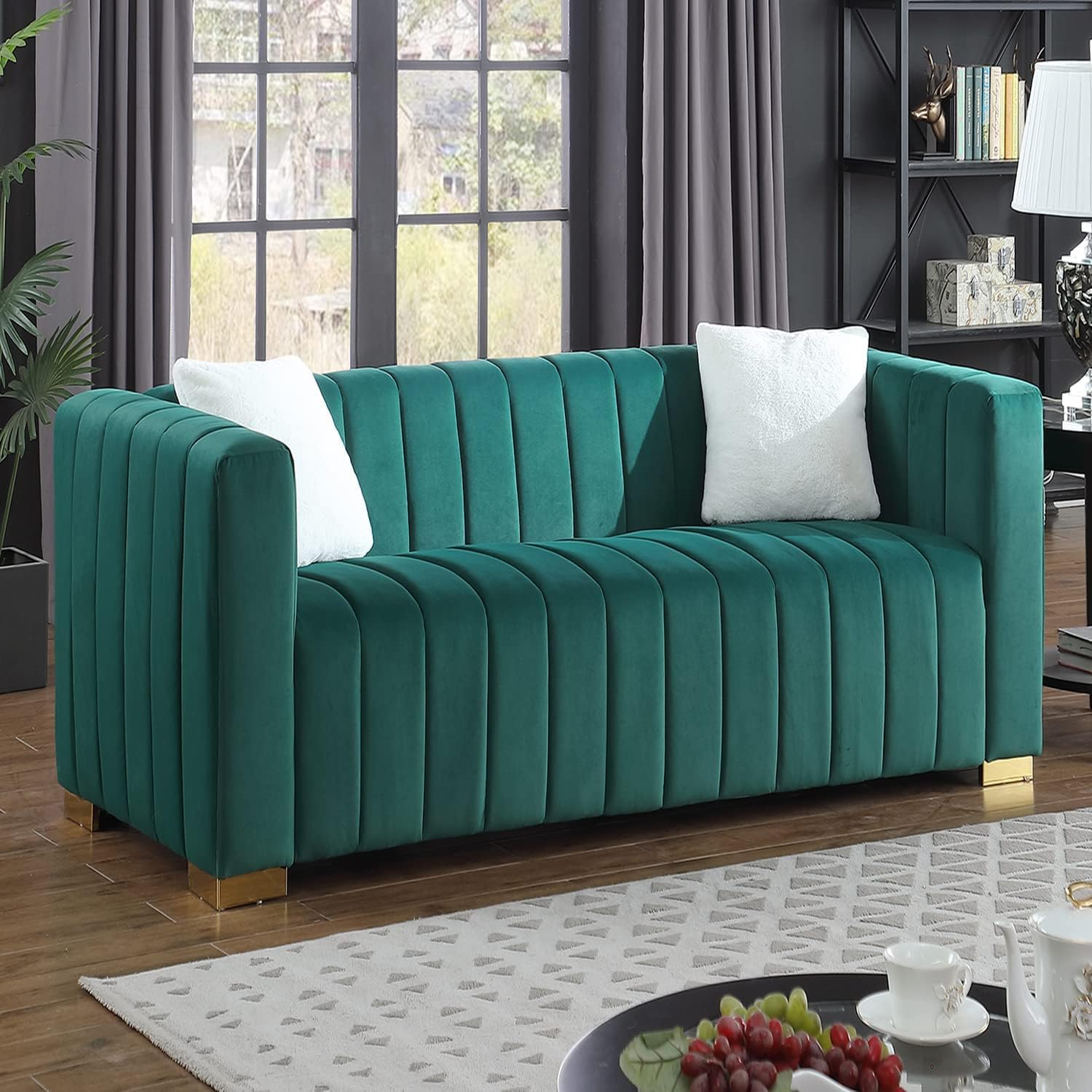 KEVINSPACE 62.6" Loveseat Sofa Velvet Upholstered 2 Seater Sofa, Lounge Couch Modern Mid-Century with 2 Pillows Cushions for Living Room Home Furniture, Small Spaces, Bedroom, Apartment Green
