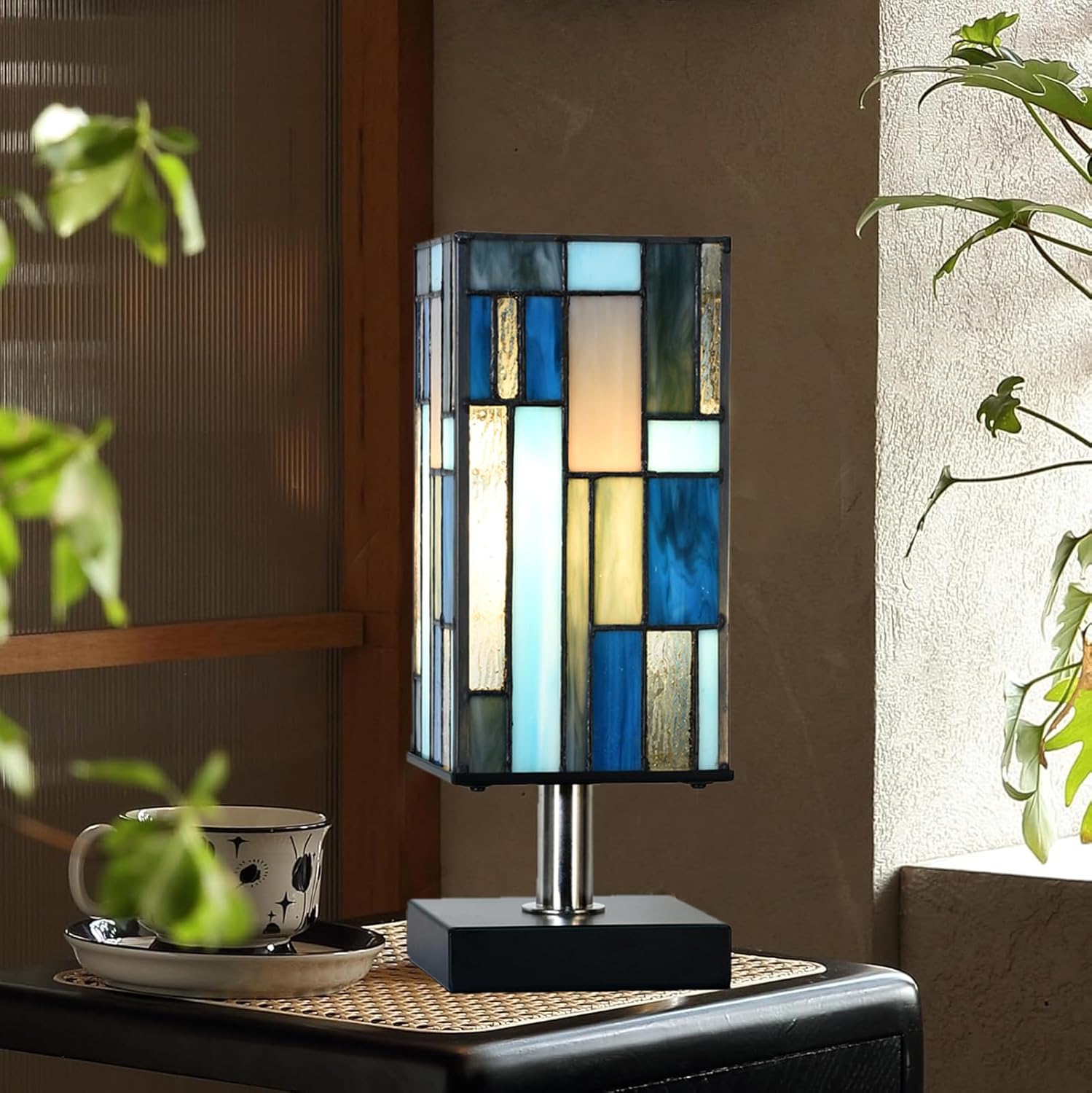 TL0036 Small Tiffany Style Table Lamp, Blue & Teal Stained Glass Shade, Uplight Desk Light for Bedroom Living Room, 4.5" W x 11" H, LED Bulb Included