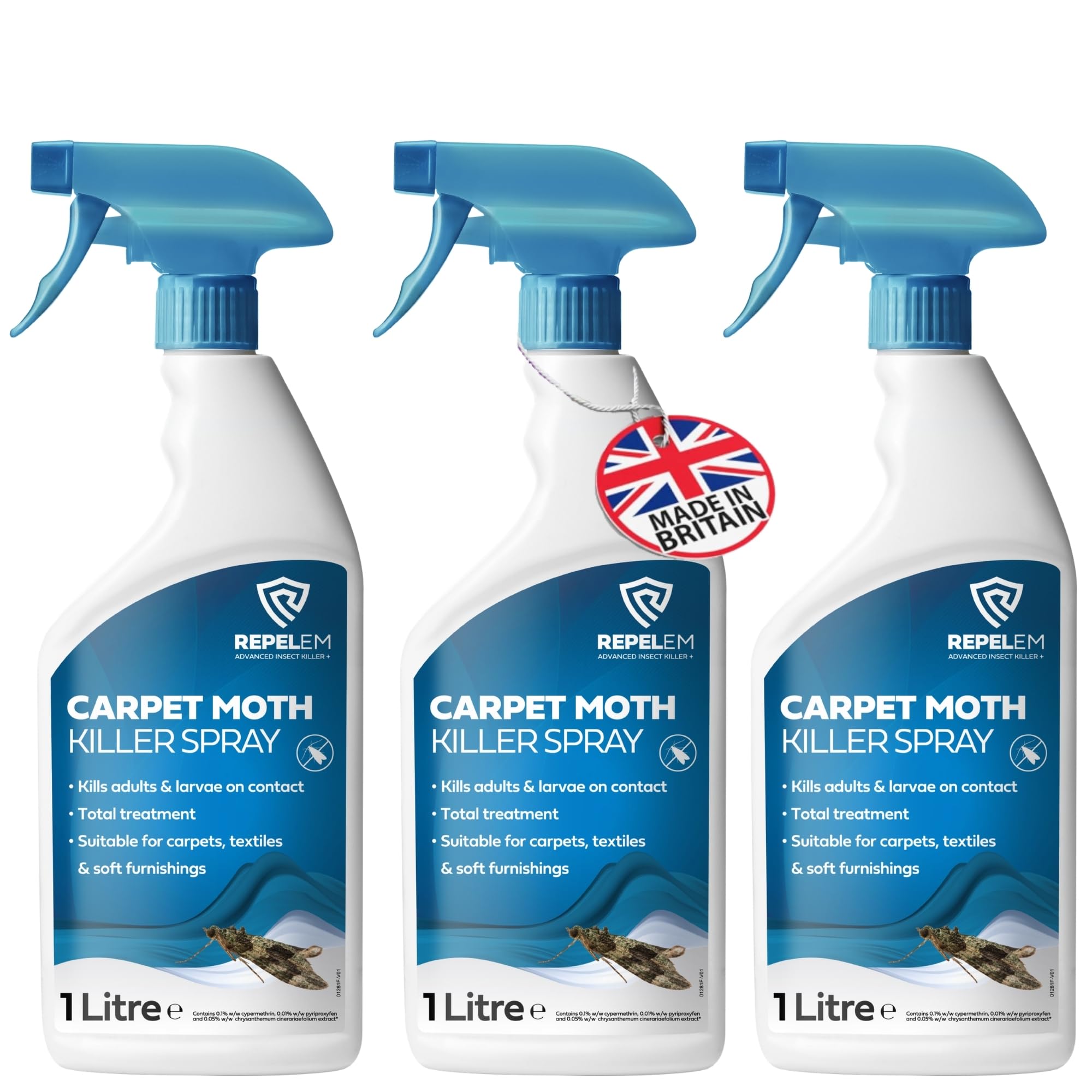 REPELEM Carpet Moth Killer Spray - Large 3L Instant Action Moth Killer & Moth Repellent, Kills Moths at All Life Stages, Non-Staining Professional Strength Carpet Insect Killer, 3 Months Protection