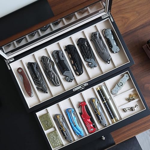 Miniatura 8 de Besforu Pocket Knife Display Case for men collection holder 15-17 folding knife with Walnut Finish Two-Tier Knife organizer storage box with Real