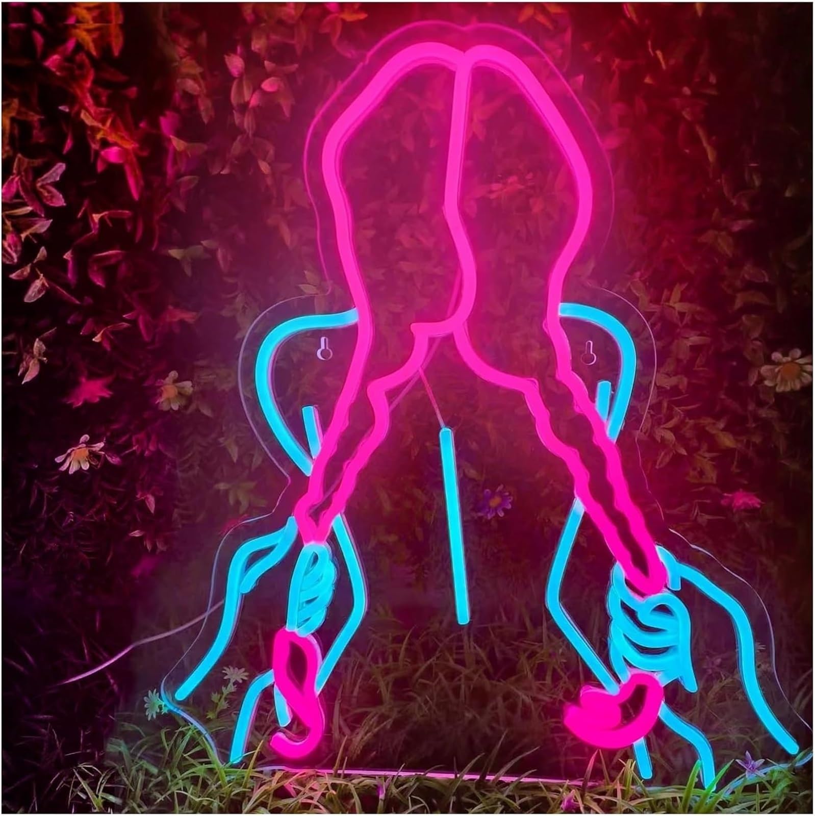 Insegna al neon con lettere colorate e illuminazione interna corpo femminile