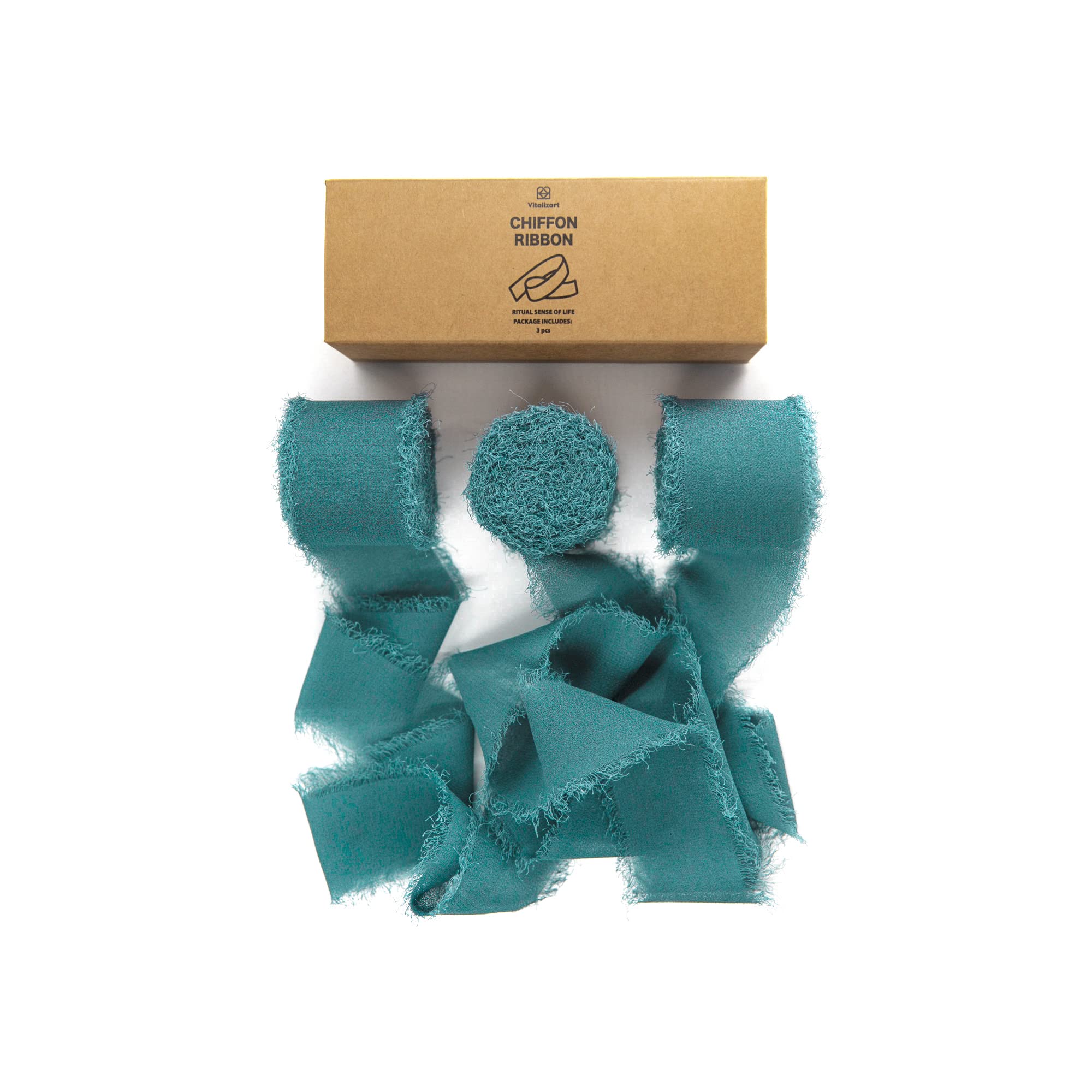 Vitalizart 3 Rolls Handmade Fringe Chiffon Silk Ribbon 1.5" x 7Yd Teal Ribbons Set for Wedding Invitations, Bridal Bouquets, Gifts Wrapping, Cake Decorations