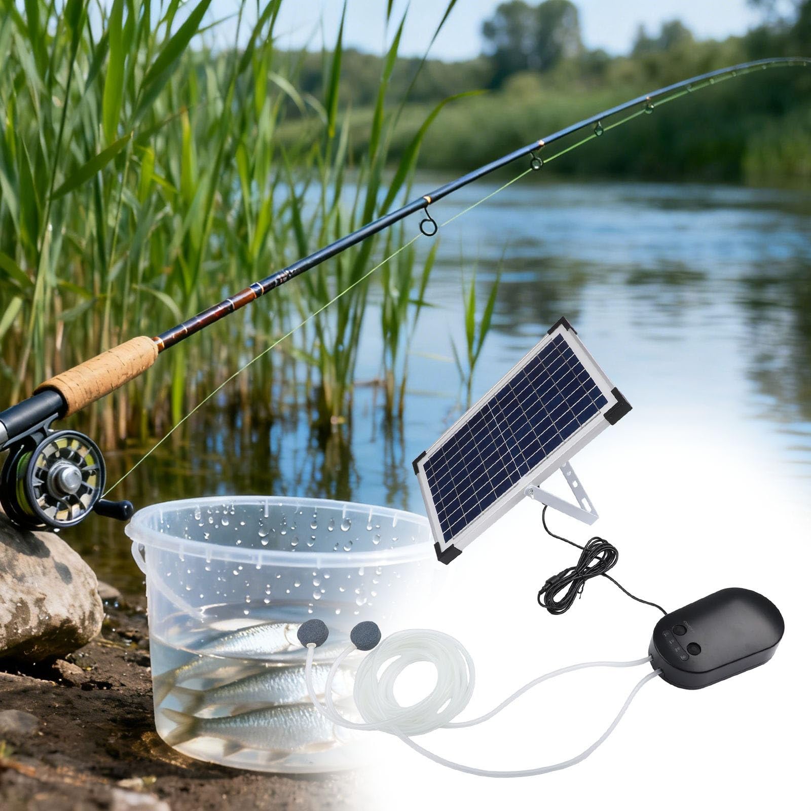 15 W Solar-Sauerstoff für Aquarien mit 4400 mAh Akku, 3 Modi, Luftstein und Schlauch für Teich, Vogeltränke, Garten, ABS-Aluminiumlegierung
