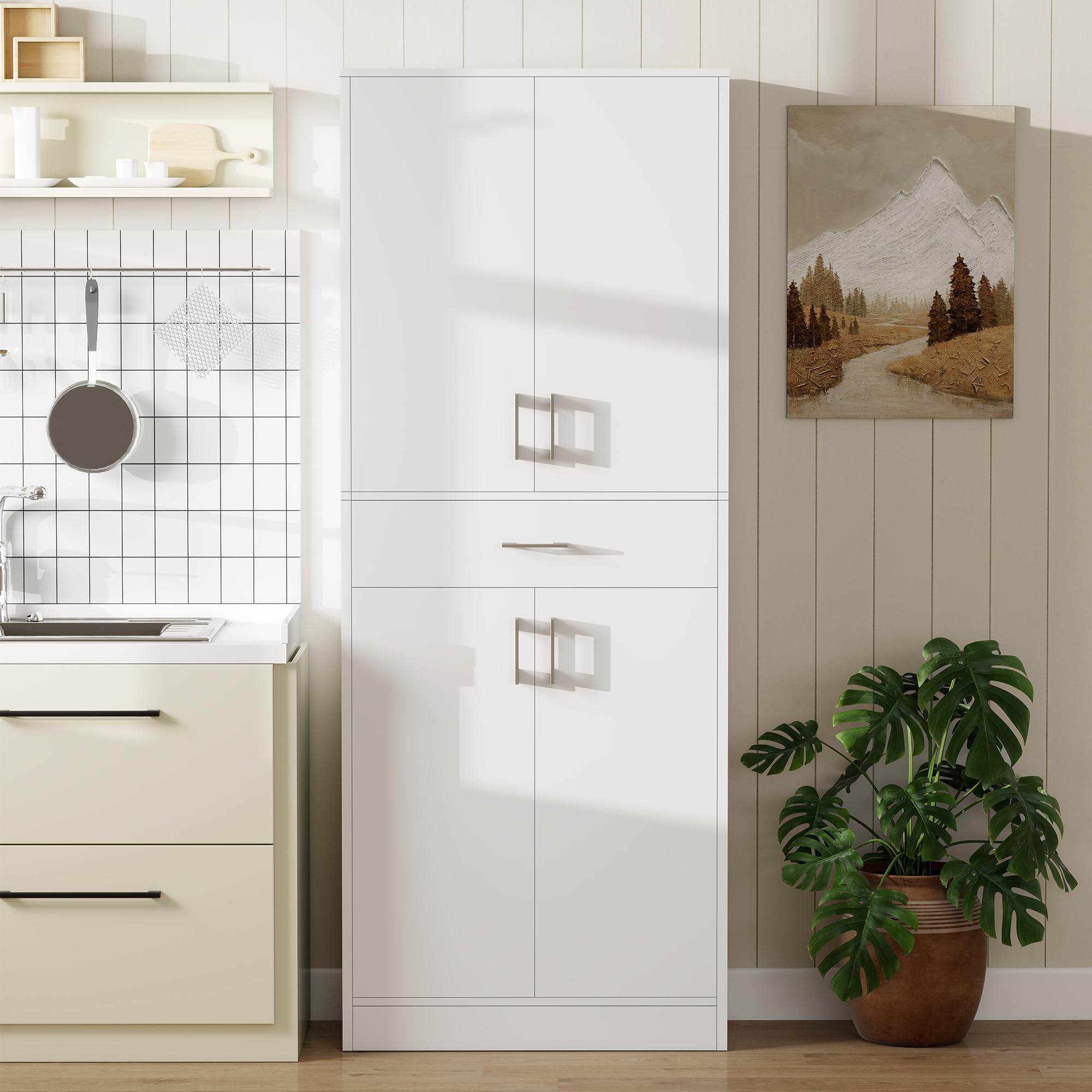 HOMCOM Credenza Cucina Alta, Mobile Dispensa con 2 Armadietti e Cassetto Grande, Mobile Cucina con Ripiani Regolabili, per Sala da Pranzo, Soggiorno, Salotto, 70.8x34x180 cm, Bianco