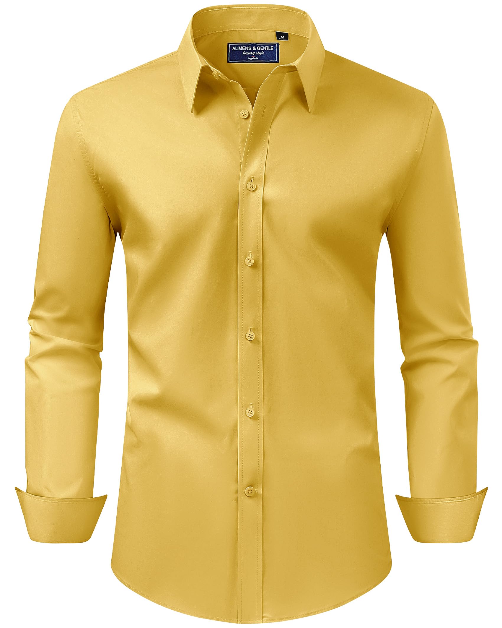 Alimens & Gentle Men's Dress Shirt Regular Fit Stretch Stain Shield Long Sleeve Solid Business Wedding Button Down Shirts, Mustard Yellow, L