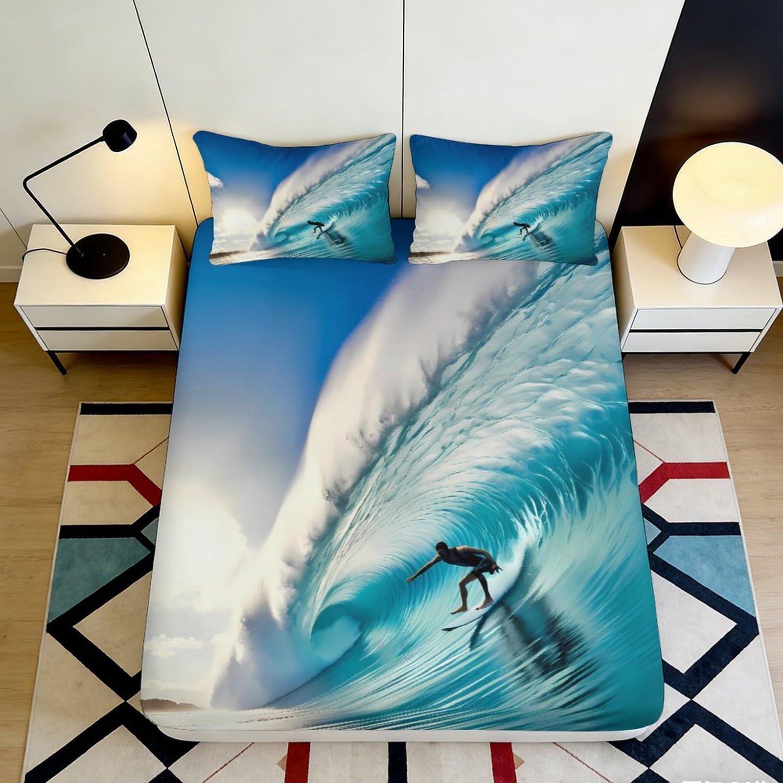 3D Printed Ocean Wave Fitted Sheet Microfiber Soft Surfing Beach Mattress Cover for Bedroom Dorm Decor Easy Care 90x200x25cm