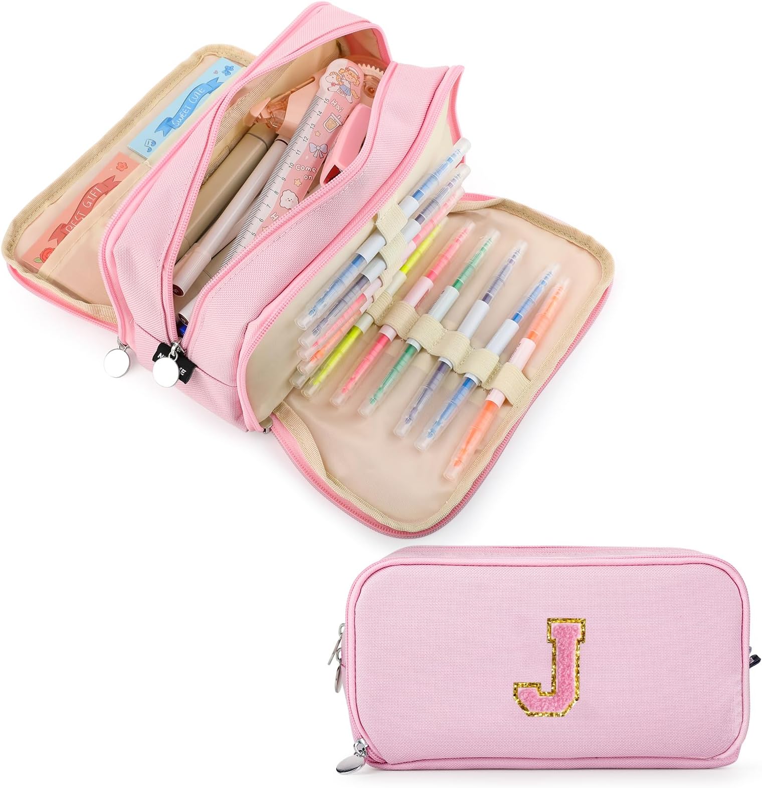 Extra Large Capacity Pencil Case 3 Compartment Initial Pencil Pouch Personalized Cute Aesthetic Stationery Pen Case Bag for School Teen Girl Boy Men Women Gift (J, Pink)