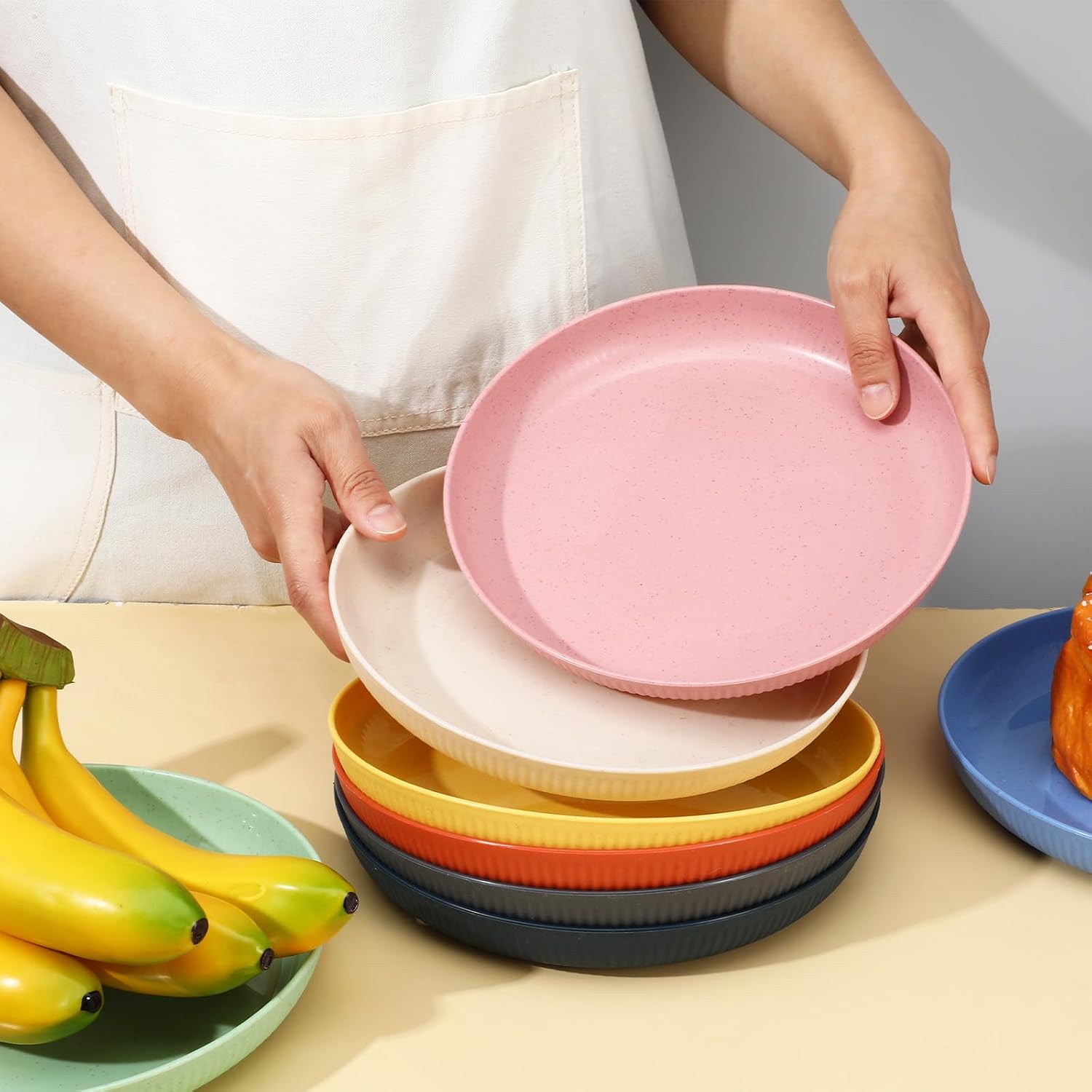 8-Pack Unbreakable Dinner Plates, 8.7-Inch Wheat Straw Plates Set, Lightweight & Reusable Plastic Plate, Dishwasher & Microwave Safe for Kitchen, Camping, Partie (Multi-Color)