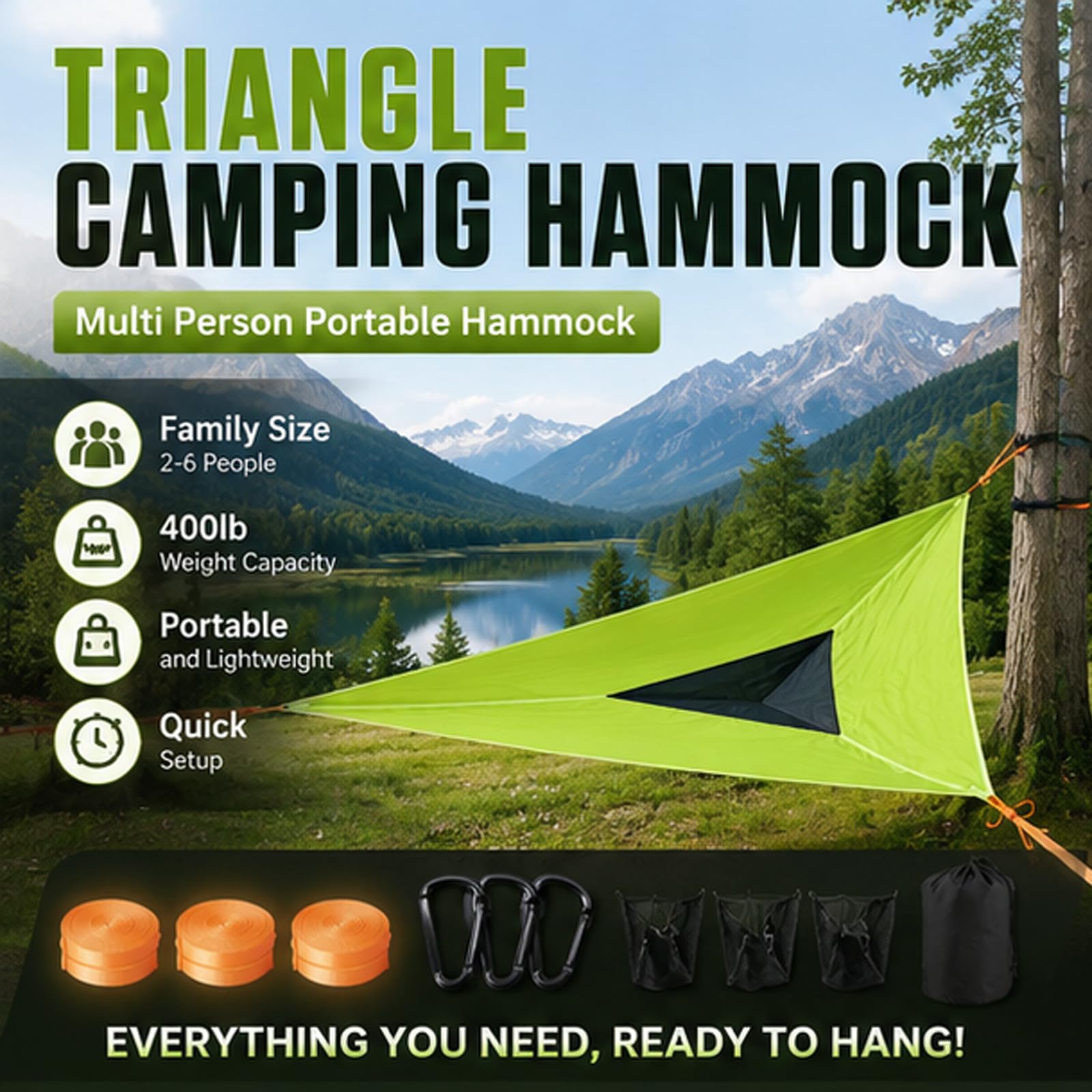 Amaca da campeggio triangolare con cinghie triple e borse in rete, amaca portatile per più persone, capacità 181,4 kg, per viaggi, cortile, all'aperto