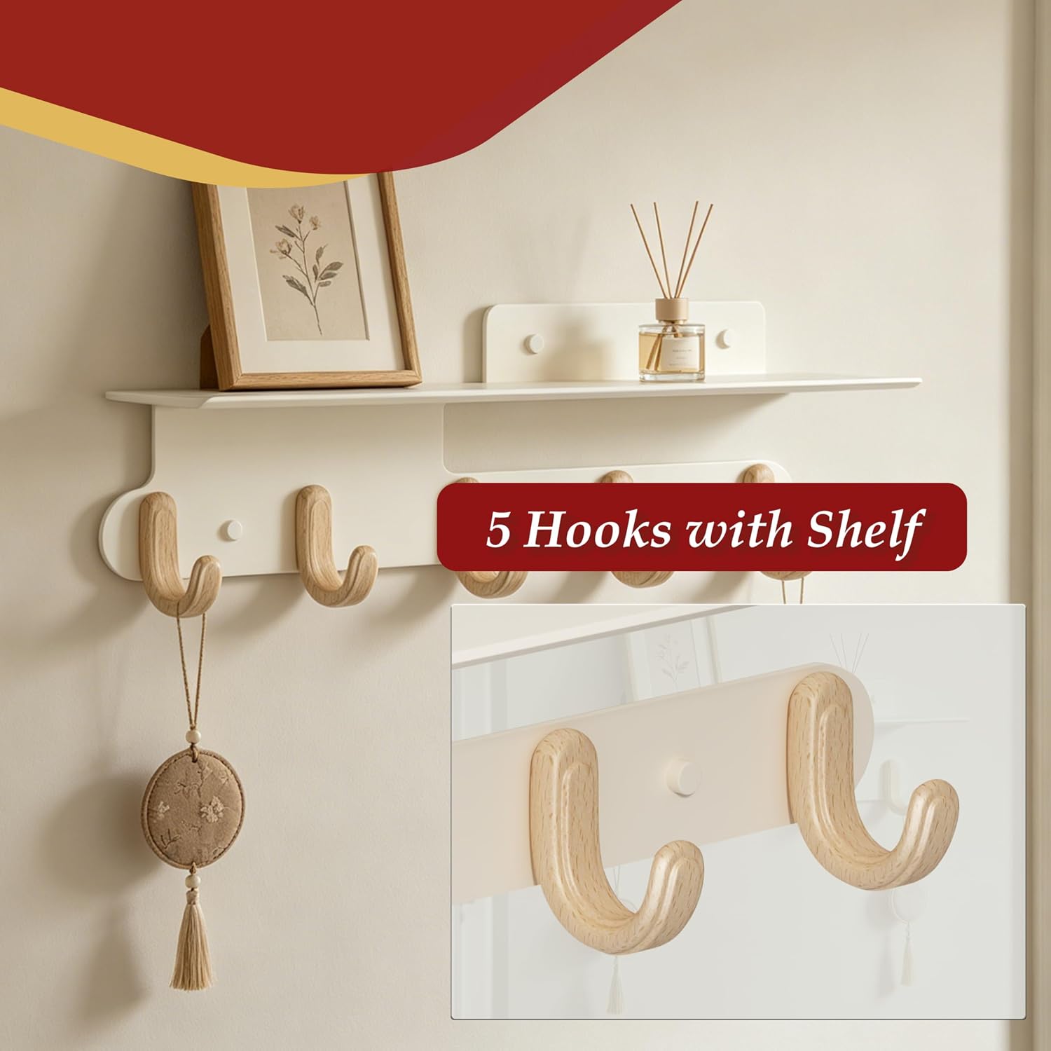 Wall shelf with 5 hooks, coat rack wall mount with shelf for entryway