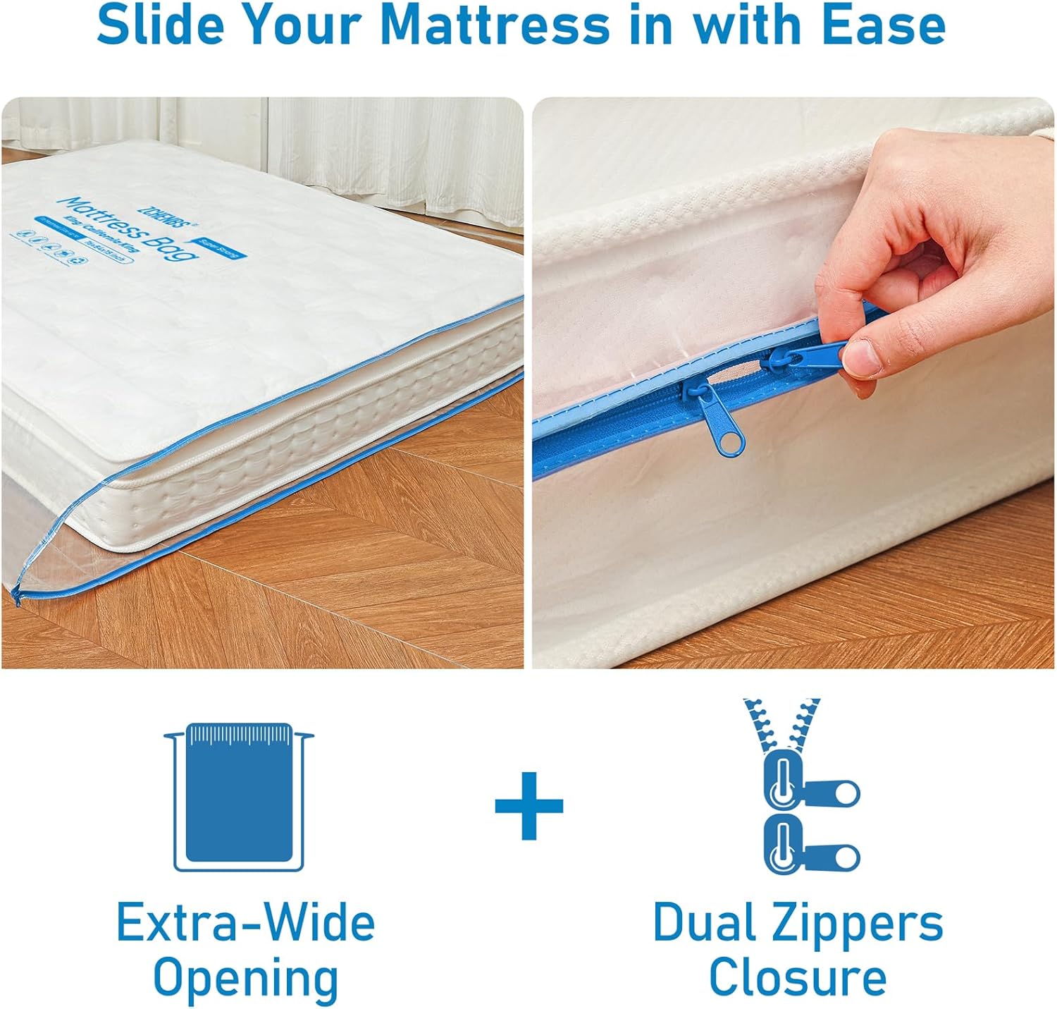 ZCHENBS® - King Mattress Bags for Moving, Waterproof Storage Bag with Zipper, Heavy-Duty 5 Mil Ultra-Thick California King Mattress Protector Cover for Moving, Reusable (Transparent/Blue, 2 Pack)