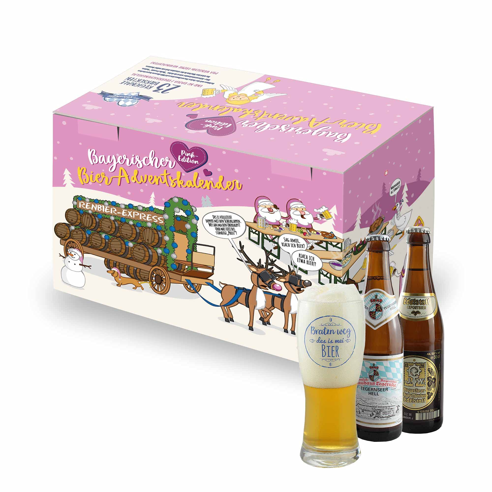 Bavariashop | Bier-Adventskalender 2025 | 23 x Bier aus Bayern inkl. Verkostungsglas | Geschenkidee für Frauen und Herren | Geschenkkarton in pink Edition