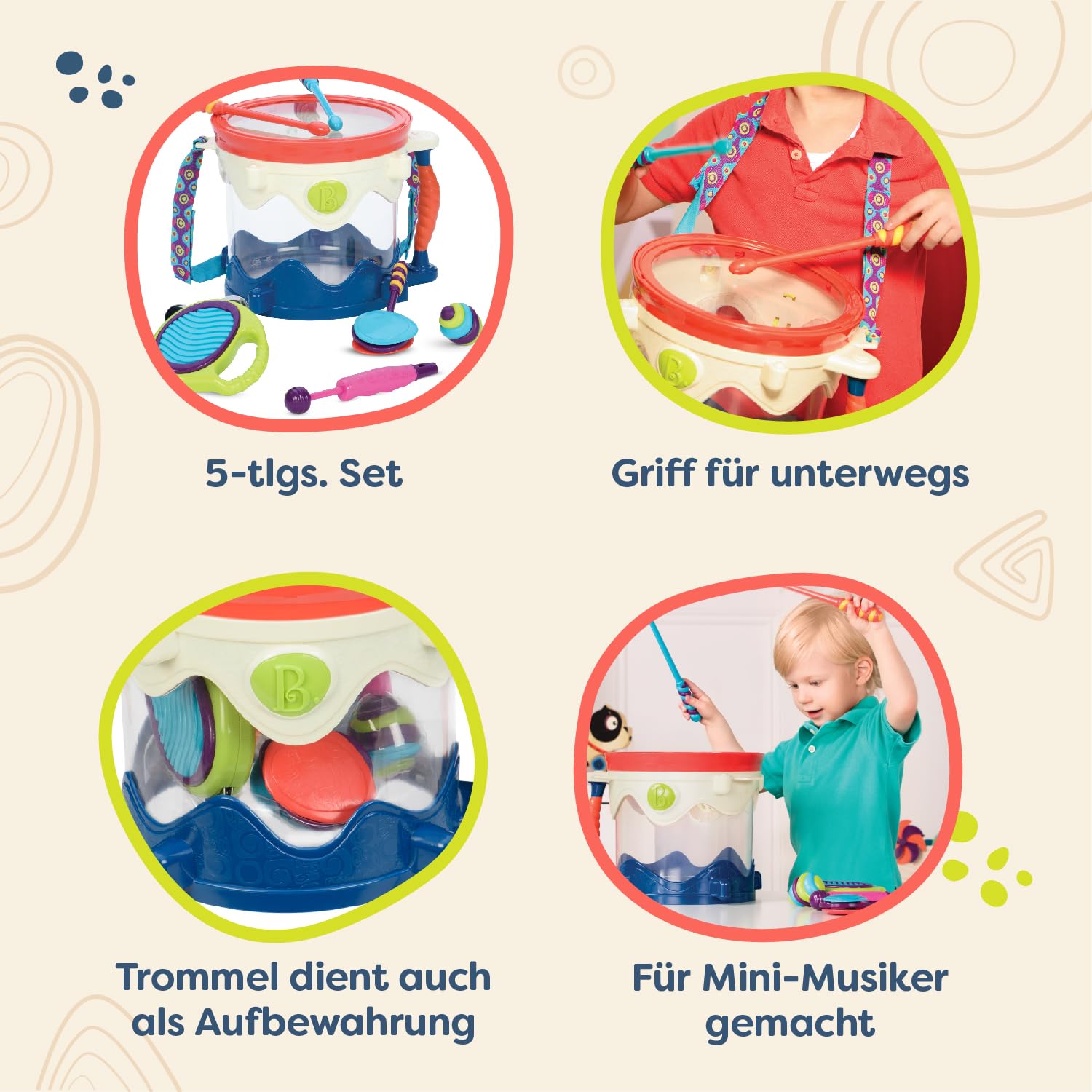 B. toys - Trommelwirbel, Bitte! - Tragbares Schlagzeug - Musikinstrumente für Kinder - Percussion-Spielzeug für Kleinkinder, Kinder - Tamburin, Kastagnetten, Pfeife - 18 Monate +