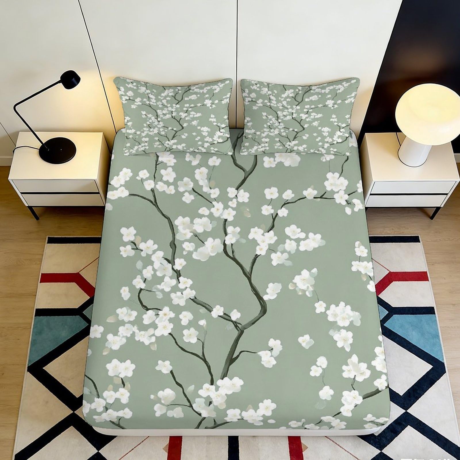 3D Printed Green Blossom Fitted Sheet Microfiber Soft Floral Branch Mattress Cover Bedroom Decor 90x200x25cm