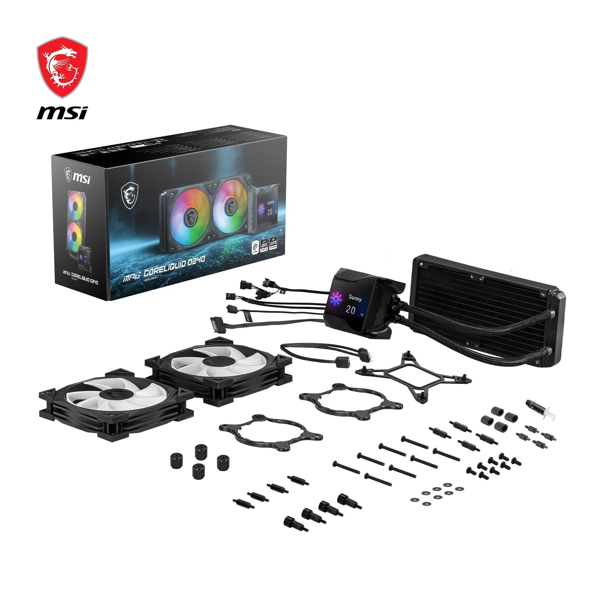 MSI MPG CORELIQUID D240 CPU Liquid Cooler da 60 mm, 2 ventole ARGB da 120 mm, Tubazione anti-evaporazione, Raffreddamento GI - Compatibile con Socket AMD e Intel
