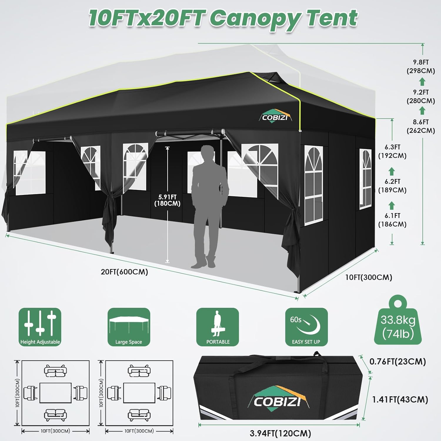 cobizi 10x20 pop up canopy tent with 6 removable sidewalls, one push party tent outdoor waterproof event canopy with air vent for parties commercial wedding, 3 height, carry bag, sandbag, black black 10x20?with 6 sidewalls?