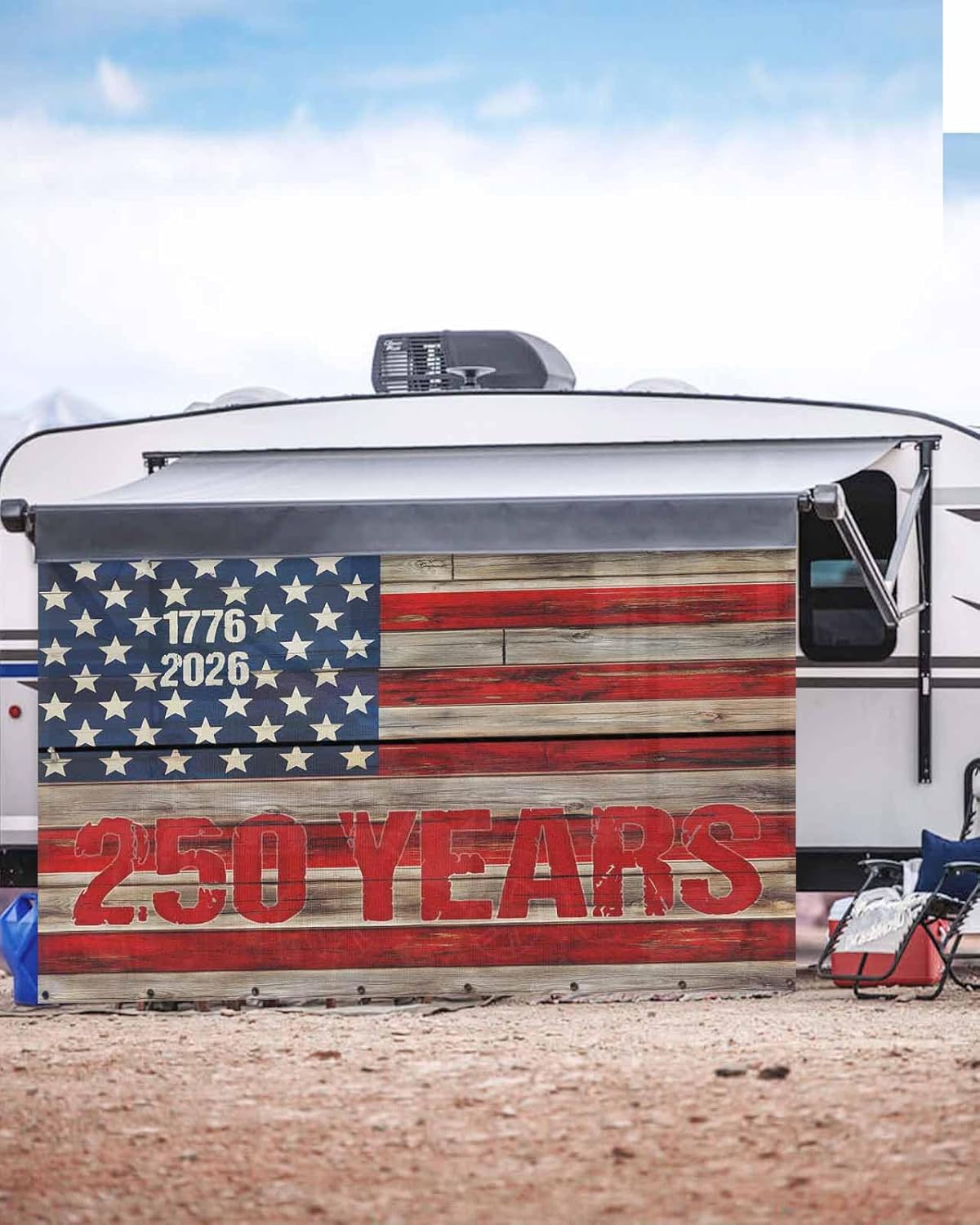 RV Awning Sun Shade Screen 9' x 15'3", 250 Anniversary USA Flag Mesh RV Awning Shades Complete Kits, Retro Blue Star Red Striped Sunlight Blocker Outdoor Canopy for Camping Trailer Motorhome