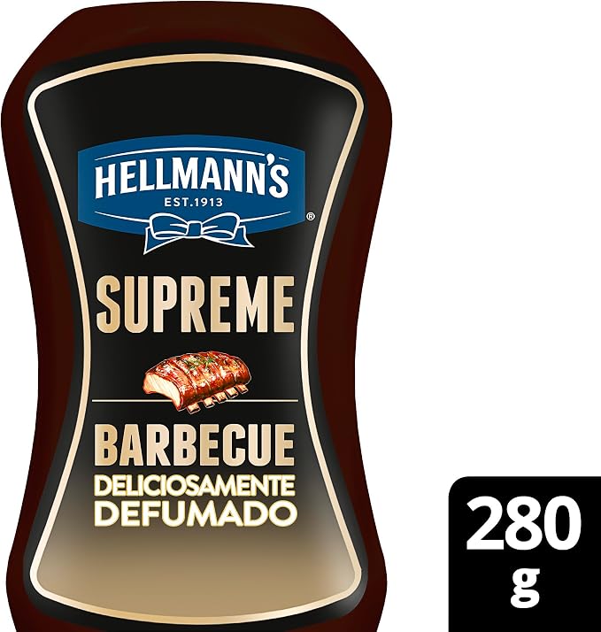 Detalhe da frente da embalagem Hellmann's Supreme Barbecue com destaque para a imagem de costelinhas