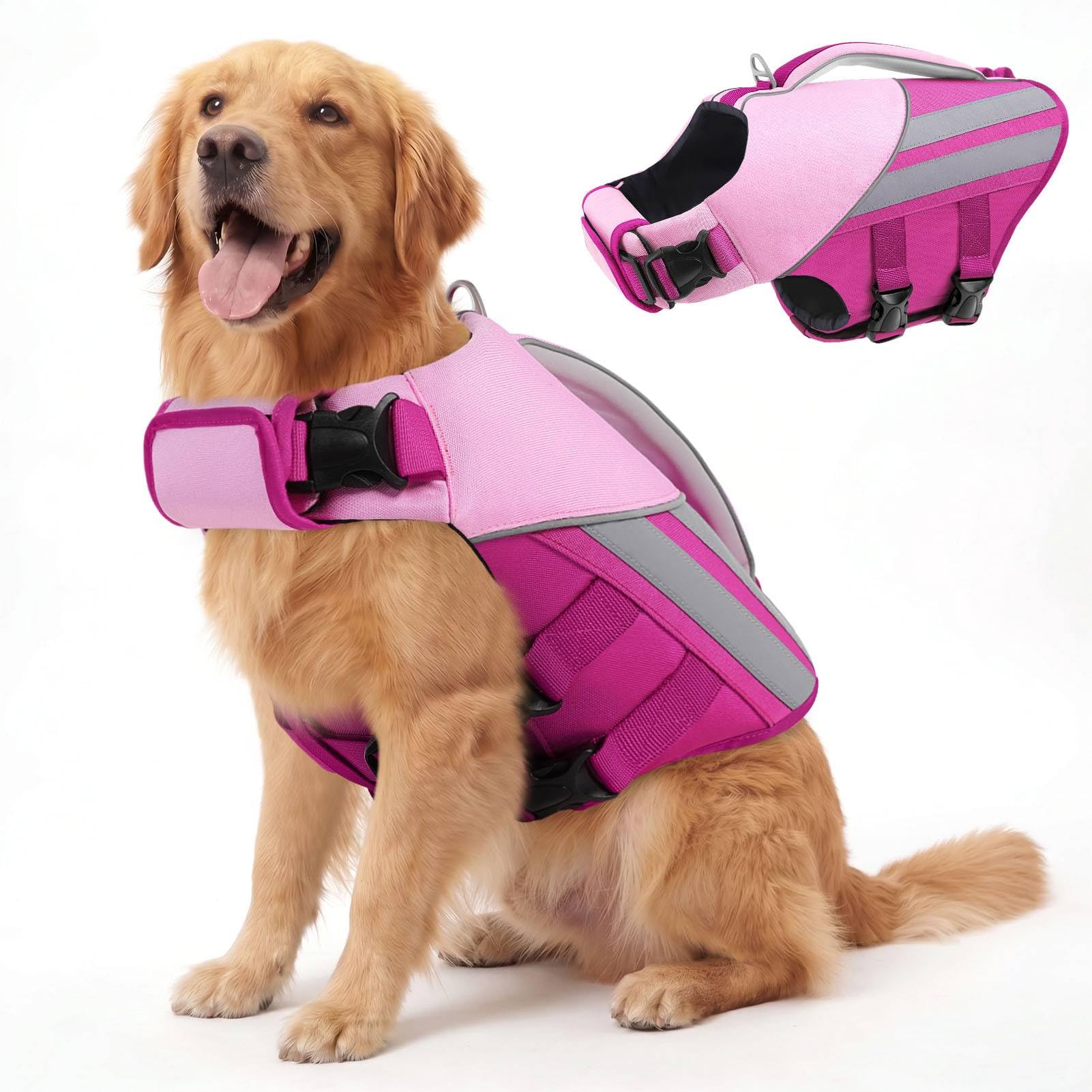 Queenmore Dog Life Jacket Large ripstop & Adjustable Dog Float Jacket Lightweight &Reflective Life Vest With Rescue Handle For large breeds,Pitbull,Bulldog,Labrador (Rose, 2XL)