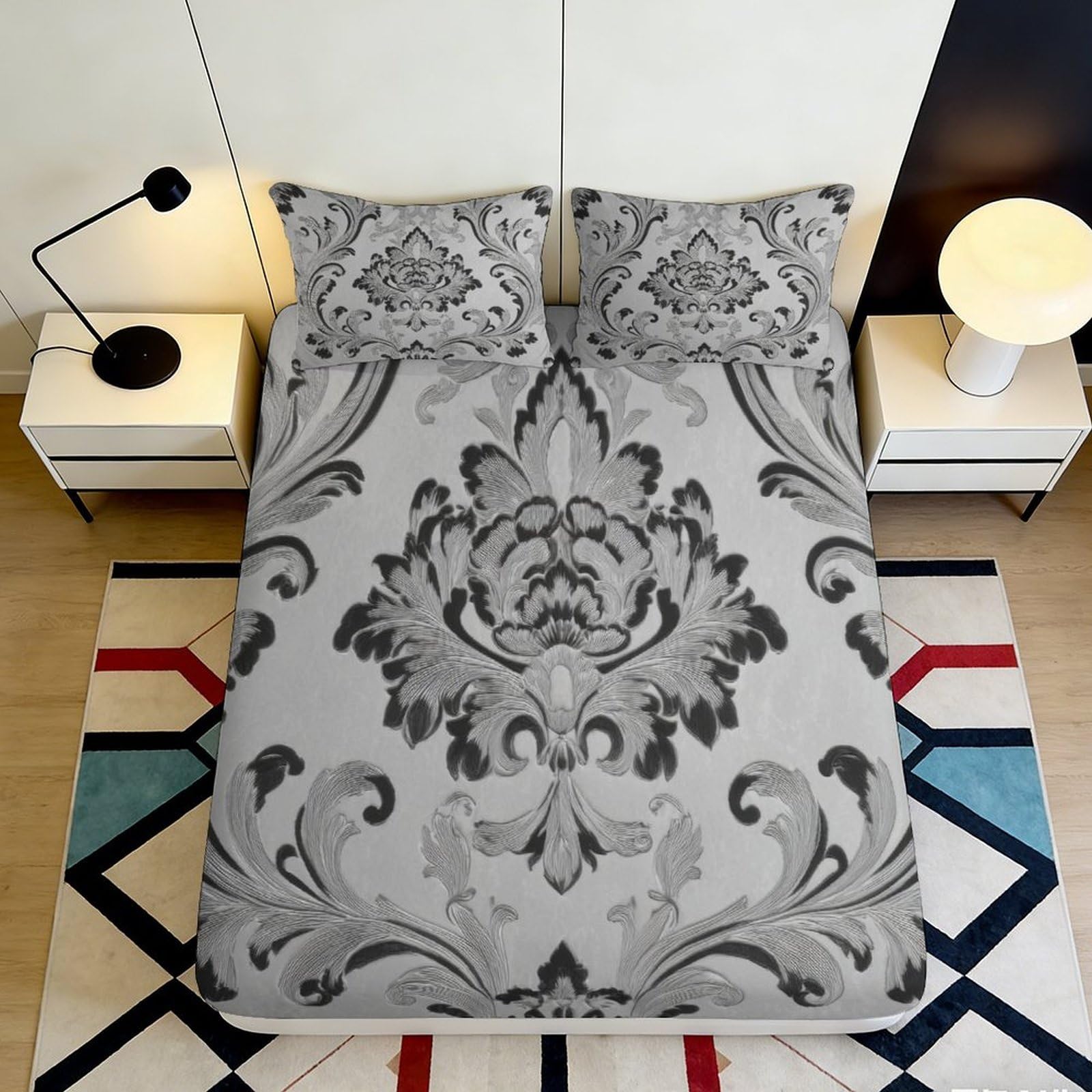 3D Printed Baroque Floral Fitted Sheet Microfiber Bedroom Decor Grey Damask Mattress Cover for Home Guest Room 90x200x25cm