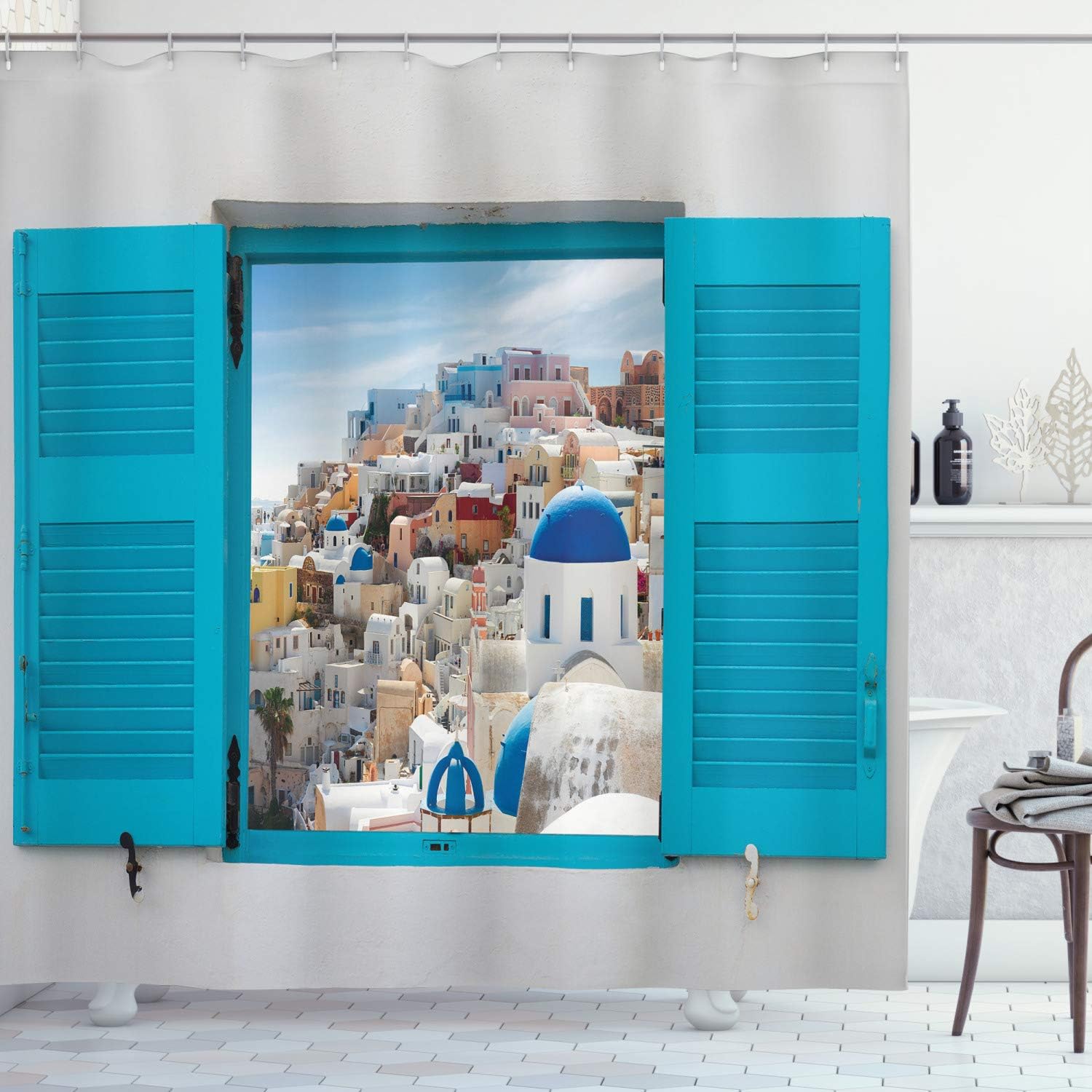 Ambesonne European Shower Curtain, Old Shutters of Window View Traditional Greek Village Heritage Culture, Cloth Fabric Bathroom Decor Set with Hooks, 69" W x 75" L, Off White Sky Blue Brown