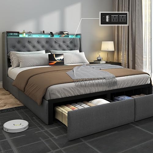 Miniatura 10 de SADENICEL Base de cama Queen con cabecera de almacenamiento y 2 cajones, plataforma de base de cama de metal tamaño Queen con luz LED, estación de