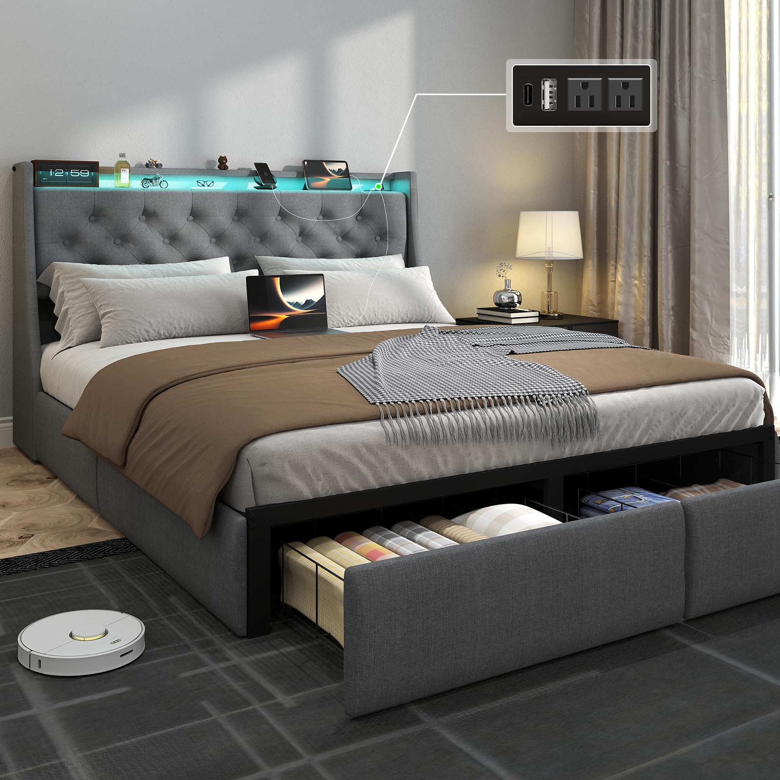 SADENICEL Full Size Bed Frame with Storage Headboard and 2 Drawer, Metal Full Bed Frame Platform with LED Light, Charging Station, No Box Spring