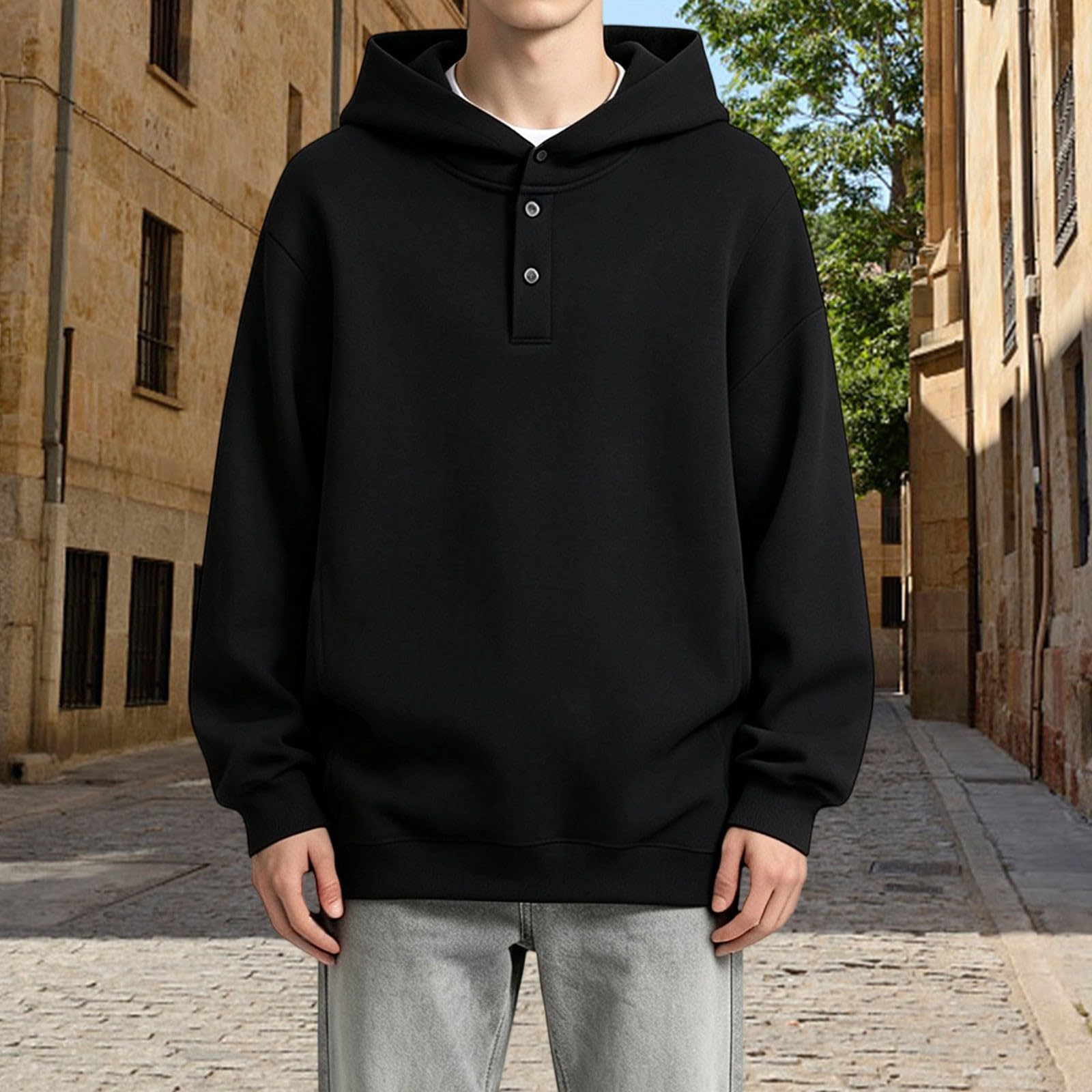 Sudadera para hombre con cuello Henley con capucha y medio botón
