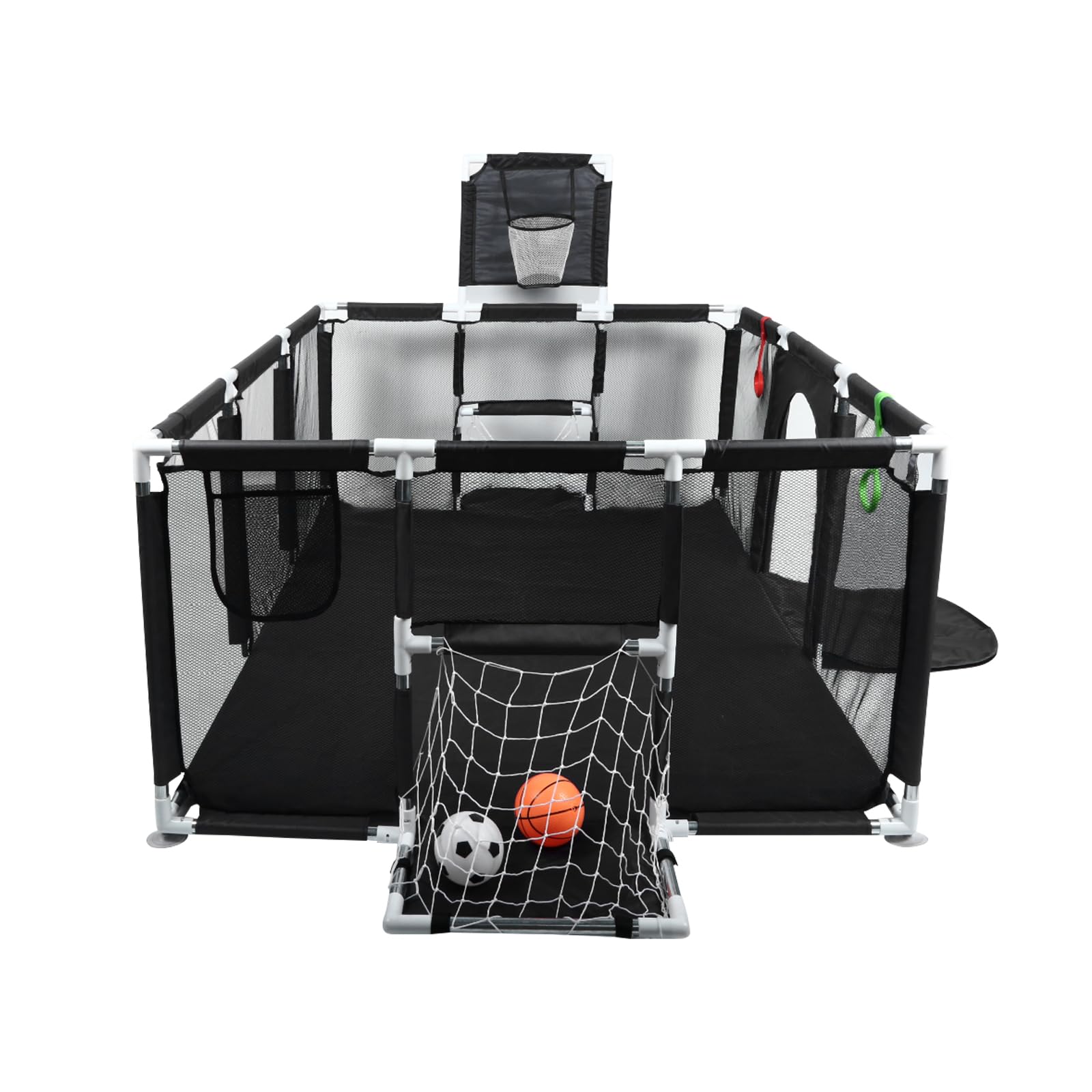 Parc Bebe 180X120X66 cm, 1 ballon de football + 1 ballon de basket + 1 pompe + 2 anneaux de traction + 4 ventouses gris foncé，parc bebe pliable，parc enfant (noir)