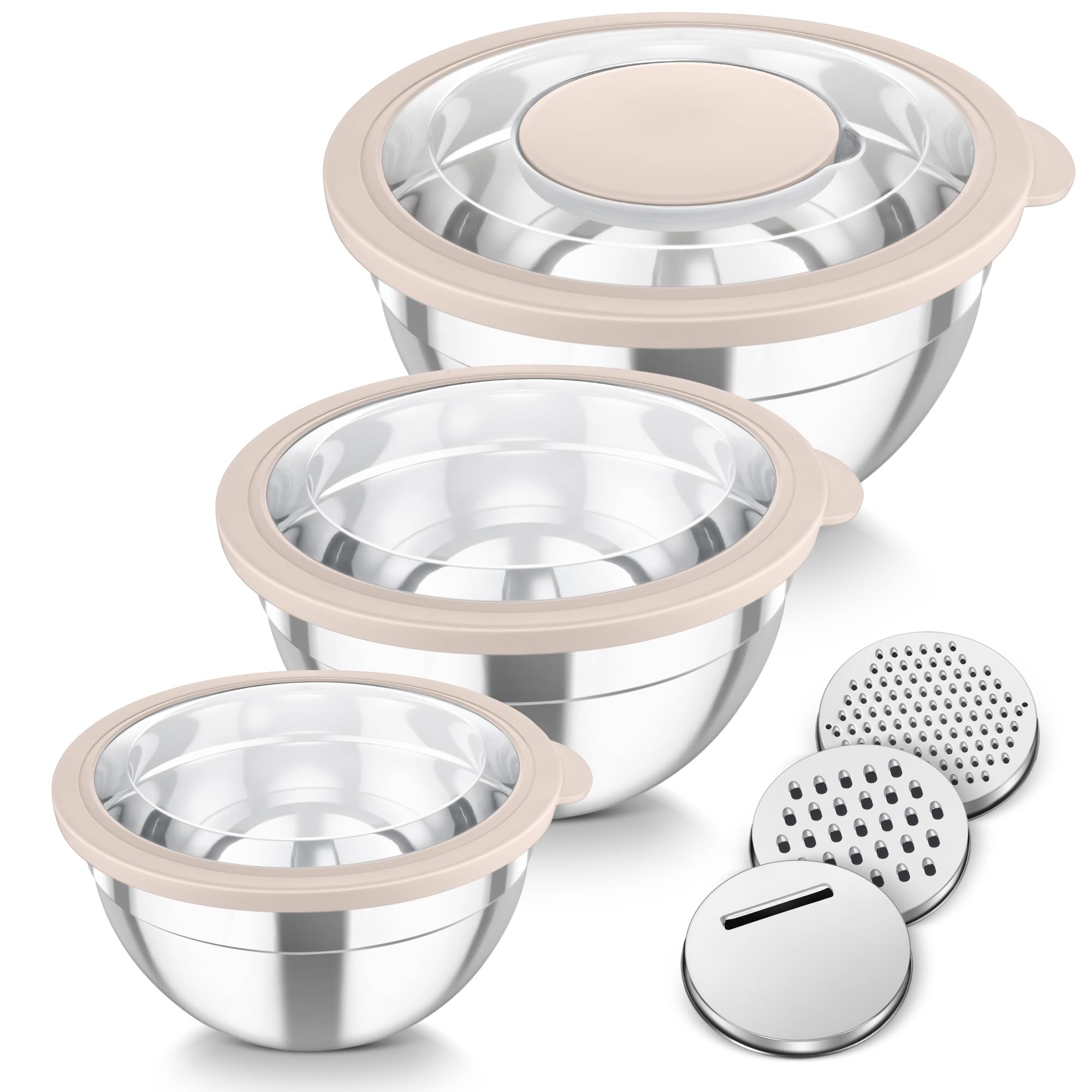 TeamFar Mixing Bowls, 3PCS Stainless Steel Serving Salad Bowls with Lids & 3 Graters, For Kitchen Mixing/Baking/Storing/Prepping, Visible & Airtight, Easy Clean - 4.5/3 / 1.5 QT, Khaki