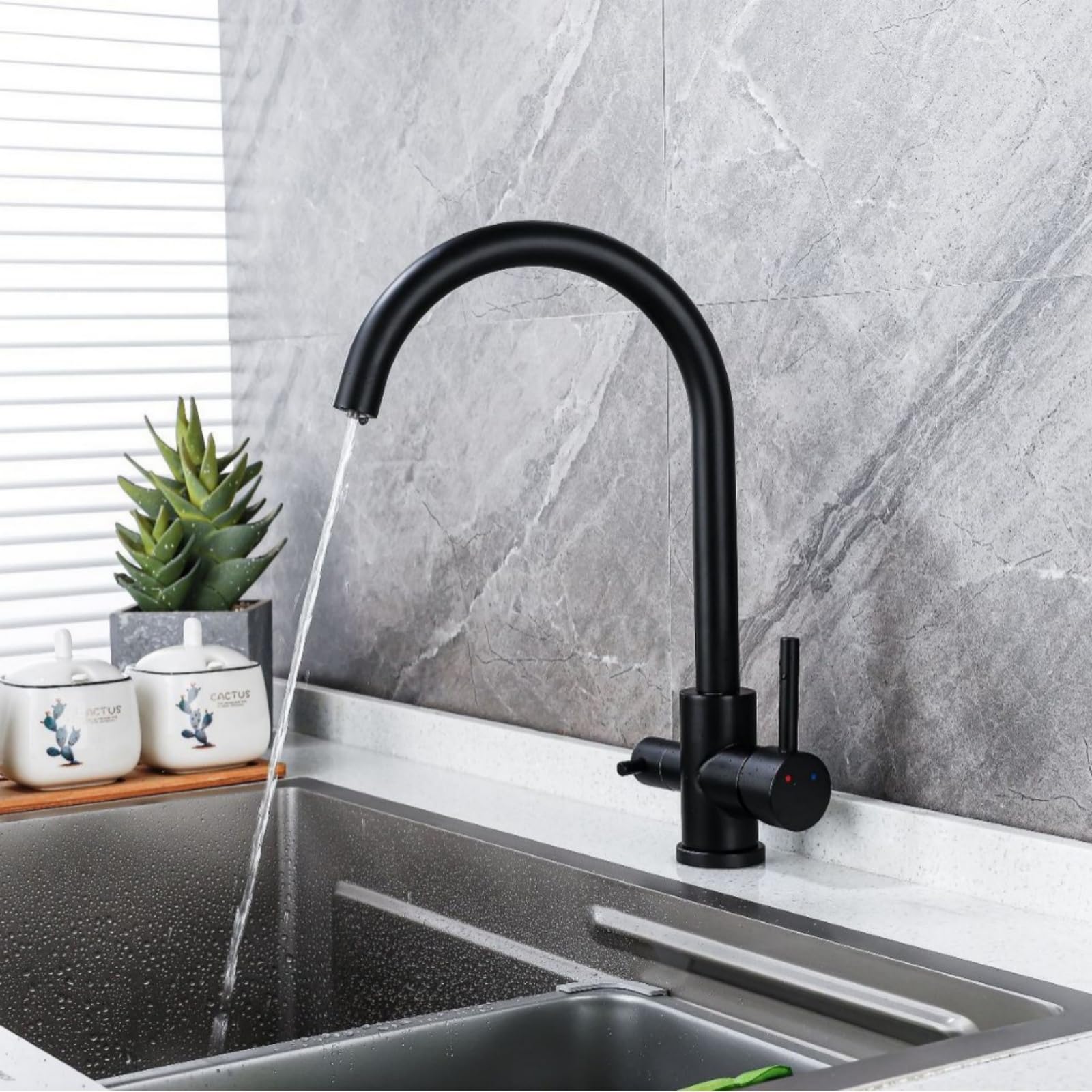 Grifo Osmosis Cocina Grifo 3 Vias Blanco Giratorio de 360° Grifos Cocina Fregadero con Palanca Doble Mezclador de Fregadero con 2 Salidas-A