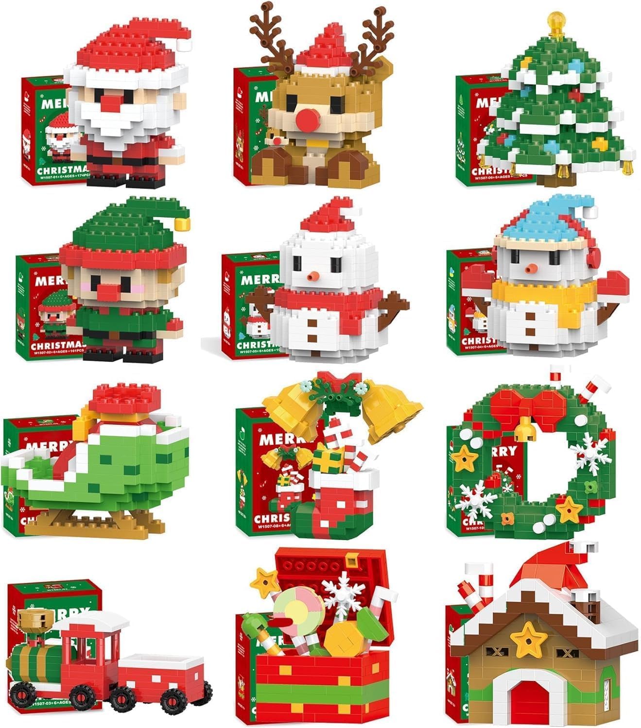 GINGER TECH 12 Pack Santa Claus Design Building Blocks Set, Christmas Theme Building Blocks Ornaments, Christmas Stocking Stuffers Gifts, Xmas New Year Birthday Gifts, Party Favors