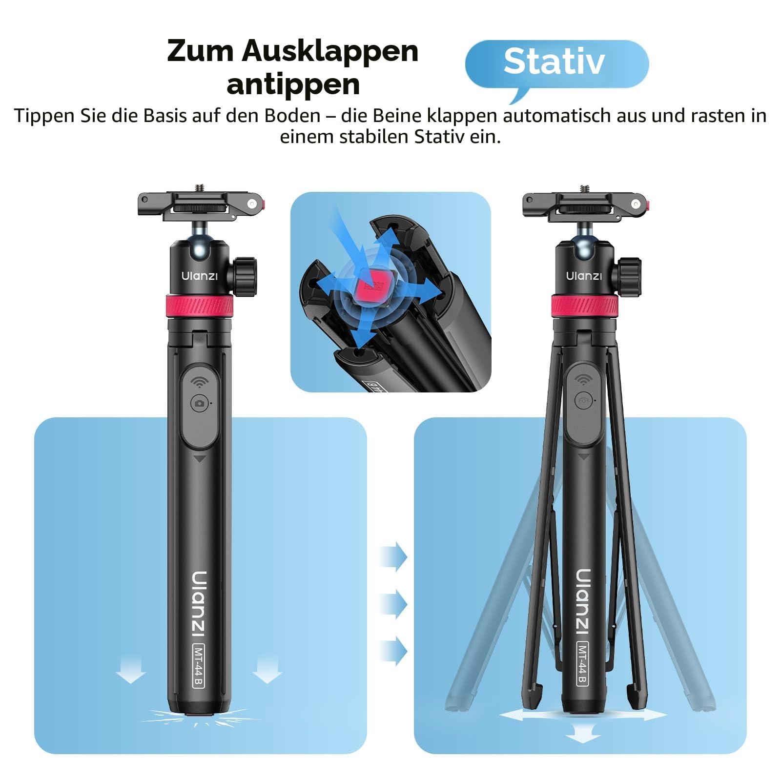 ULANZI MT-44 B [2026 Aktualisierte] Auto Pop Open Handy Kamera Stativ, Automatisch öffnen Vierbeinständer, Selfie Stick Bluetooth 150cm, Kompakt Reisestativ 360° Kugelkopf für DSLR Samsung iPhone