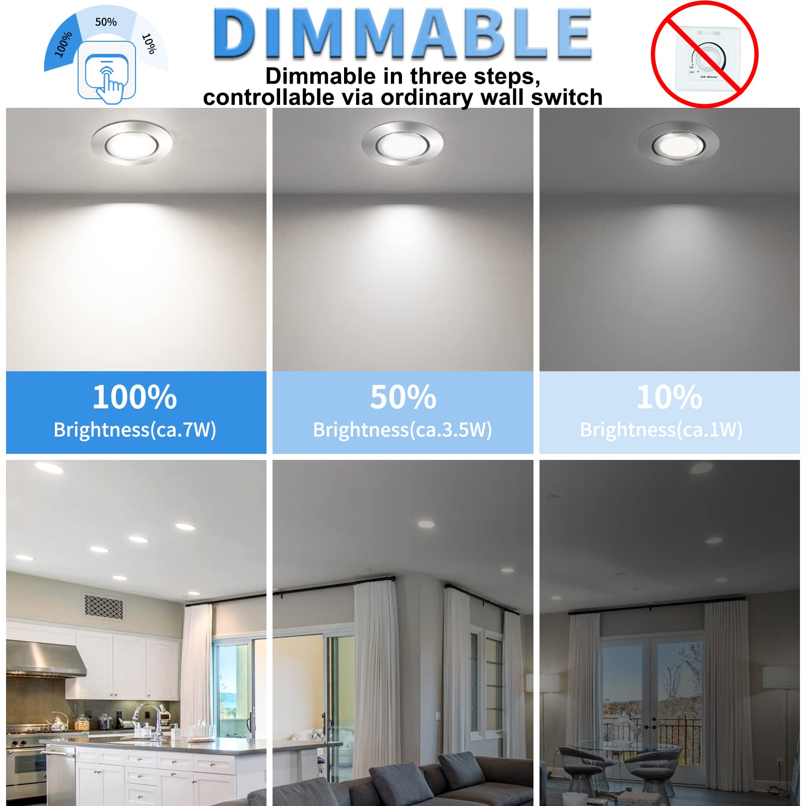 wowatt 10er Einbaustrahler LED 3 Stufig Dimmbar 7W Einbauleuchten 230V | Kaltweiß 6000K Flach 700lm Ersetzt 70W Halogen Spots LED IP44 Badeinbaustrahler Schwenkbar Rund 68mm Deckenspots Badezimmer