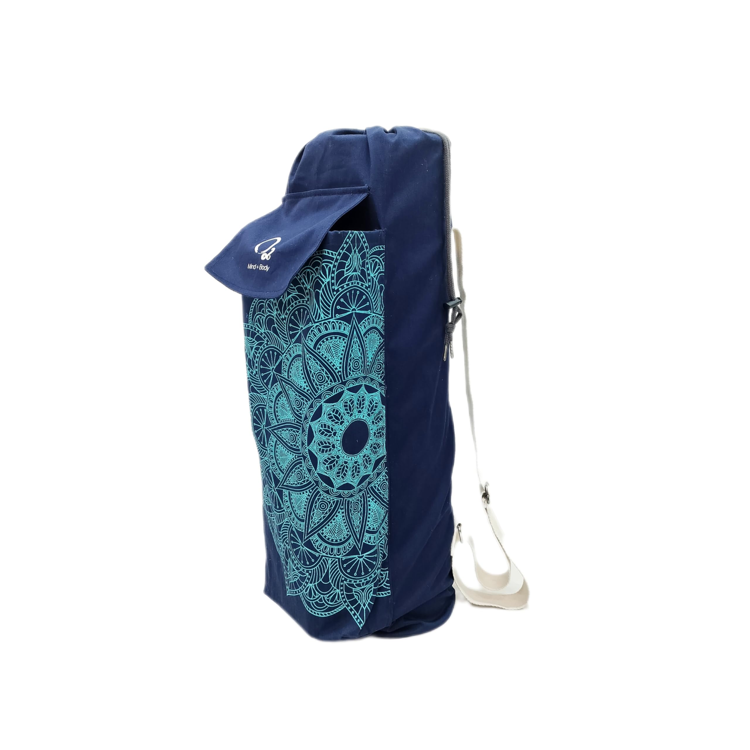 O2 Premium Yoga Mat Bag, Double Block Style | Extra Large Spacious Pocket fits 2 Blocks, Long Zipper Pocket for valuables, Adjustable Double Straps, Blue Mandala Cotton Canvas