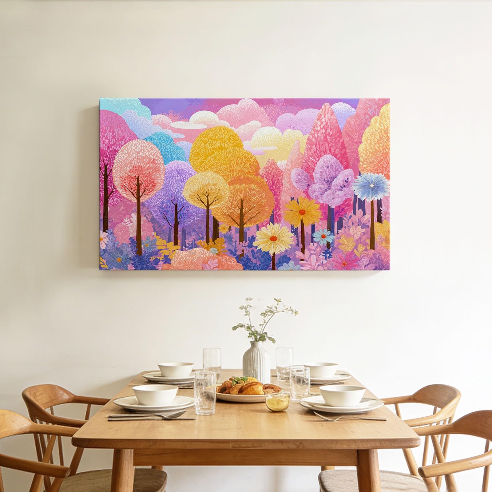 Generisch Aquarell Romantisch Wald Bäume Modernes Leinwandbild 140L x 70B cm mit Rahmen, Zartrosa XXL Wanddeko für Wohnzimmer Geschenk Idee Einzug - Hochwertiger Kunstdruck auf Holzrahmen