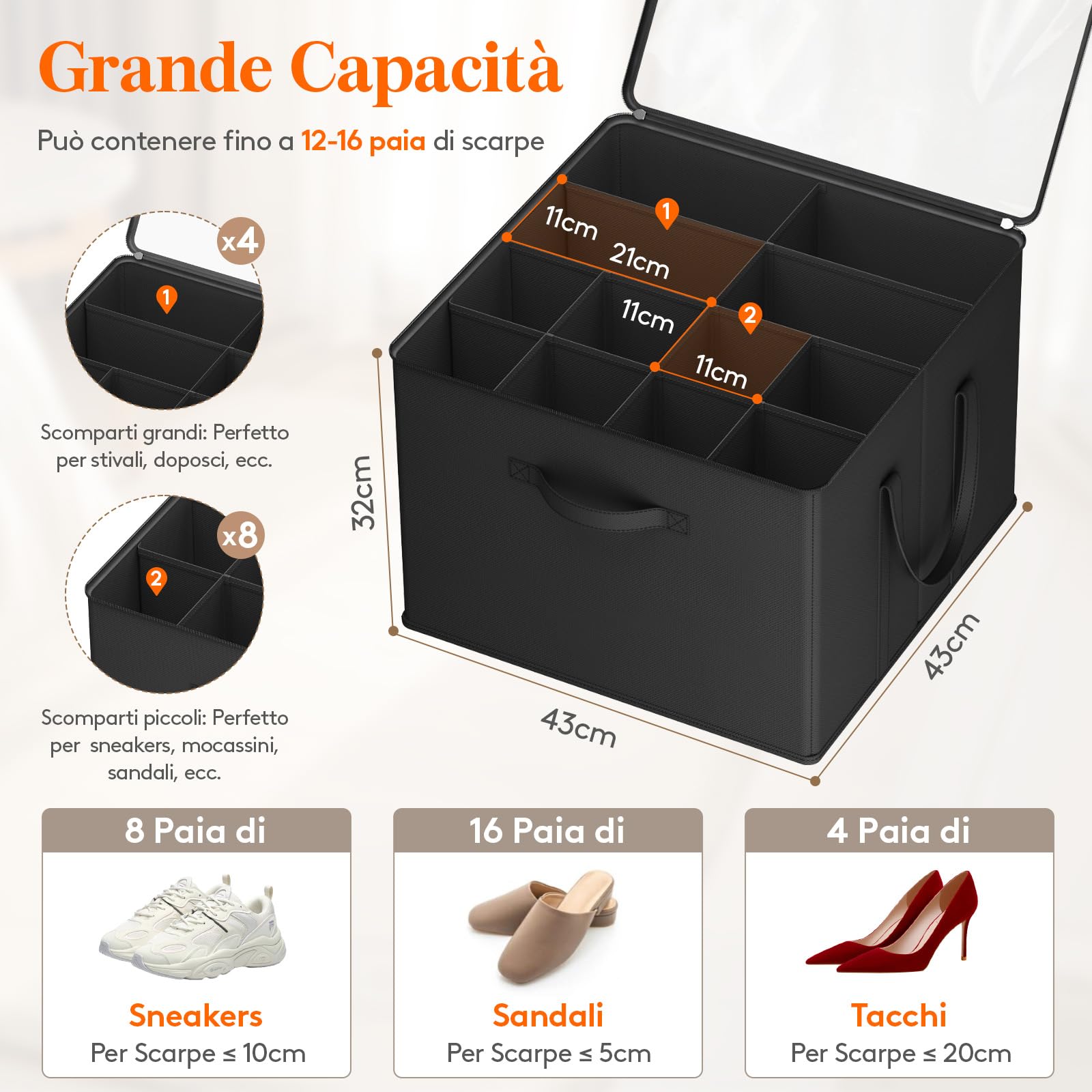 Lifewit Organizer Scarpe Pieghevole, Scatole porta Scarpe con Coperchio Trasparente per 12-16 Paia, Shoes Organizer con Supporto Inferiore e Manici Rinforzati, Nero, Set di 2