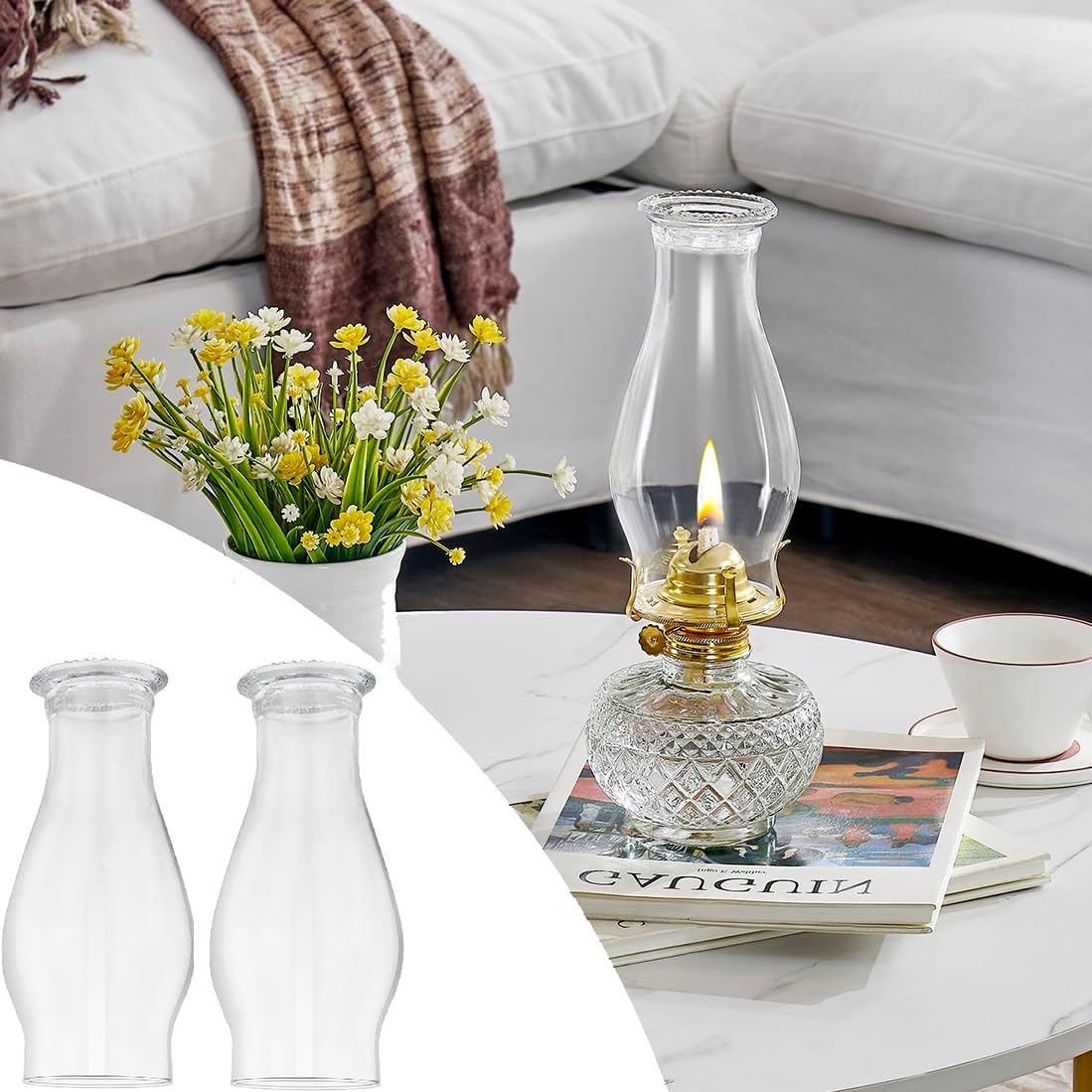 Oil Lamp Chimney Replacement,3 Inch x 8 Inch Kerosene Lamp Globe,Clear Glass Oil Lamps Globe, Crimped Top Hurricane Lamp Shade Cover,Glass Chimney for Oil Lamps(2 Pack)