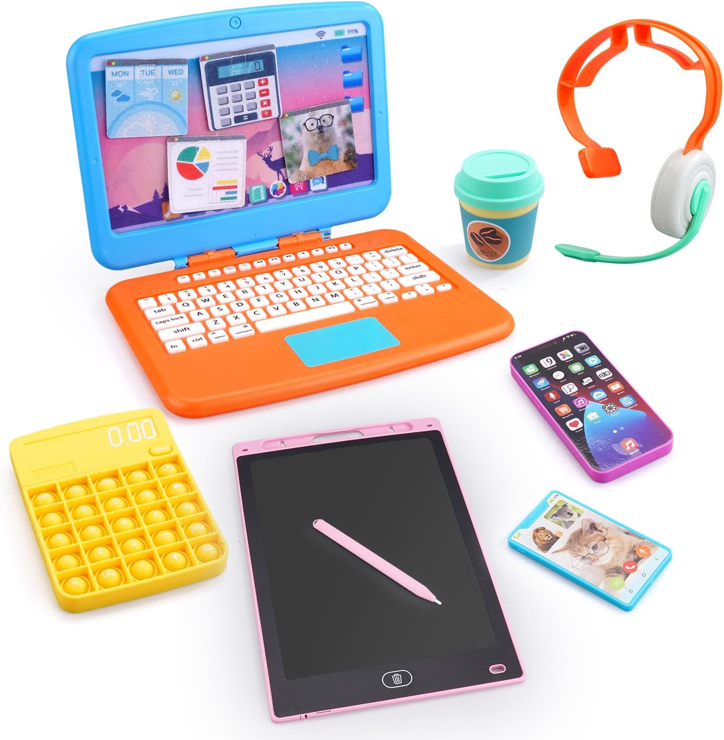 Pretend Play Home Office Set-Toy Kids Laptop,2 Cell Phones,LCD Writing Tablet,Pop Fidget Calculator,Headset & Beverage Cup for Toddlers(Ages 3+)-Work Simulation Play blue