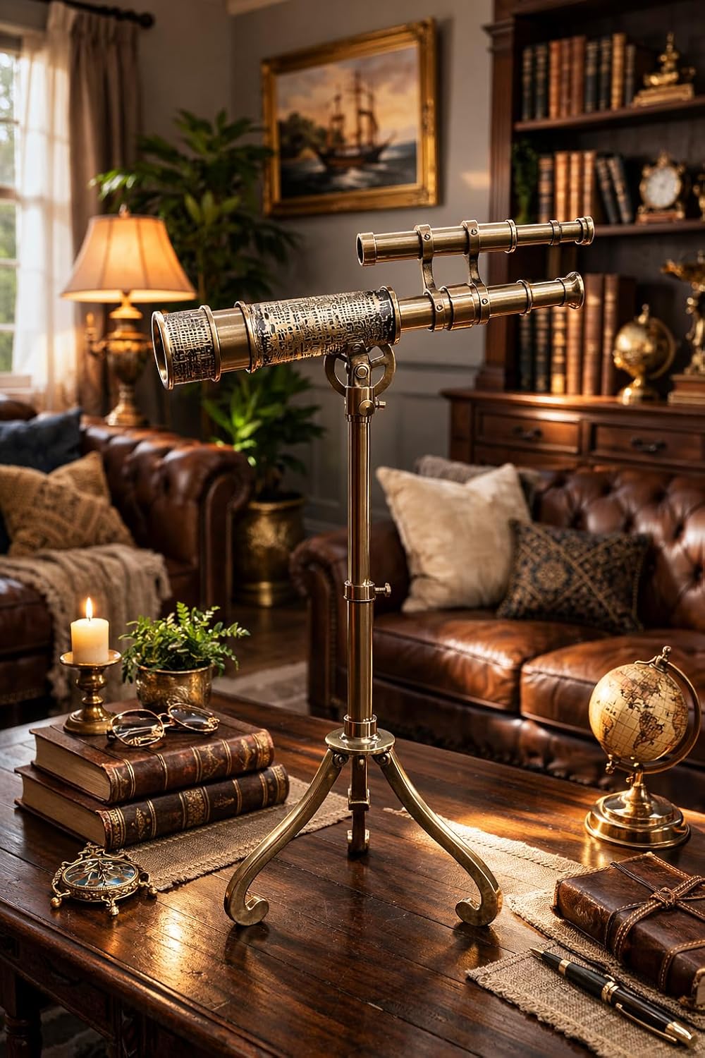 Decorative Brass Spyglass Telescope – with Full Brass Tripod Stand Vintage Nautical for Home Office & Living Room Decor